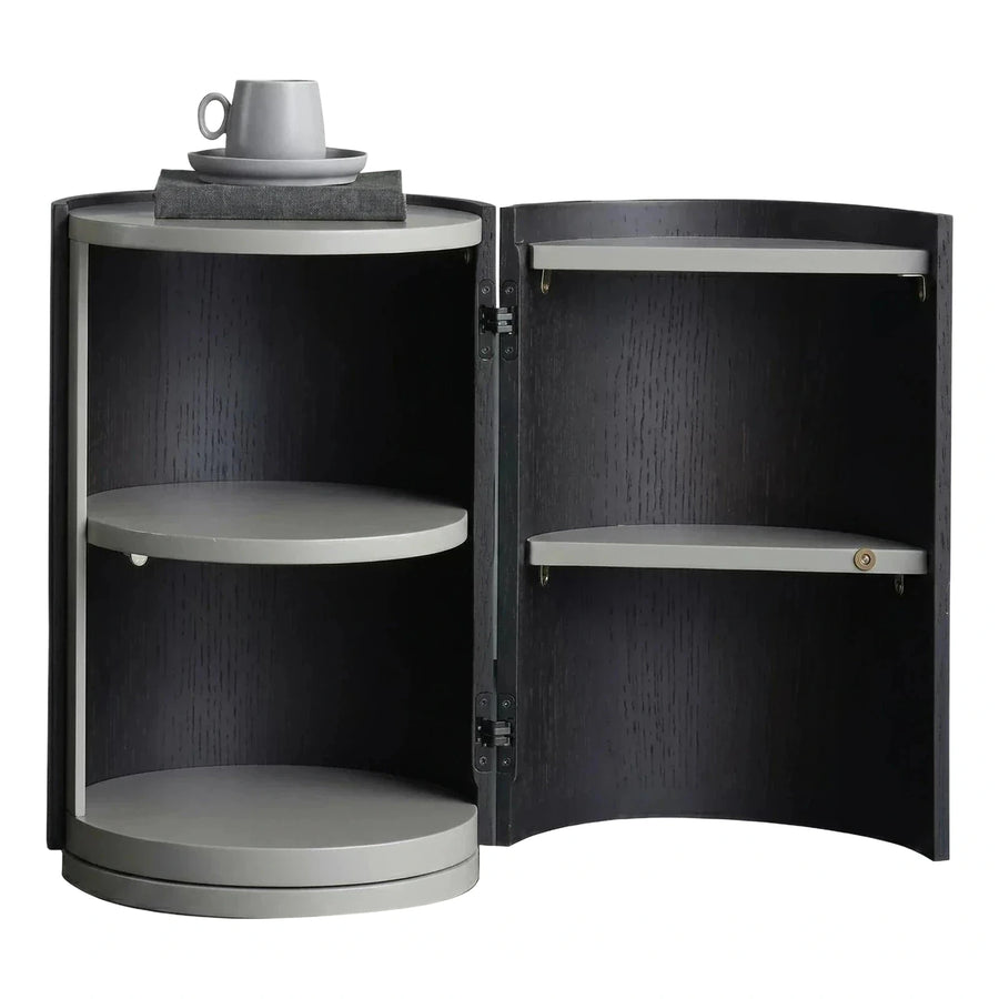 Curved Dark Wood Accent Cabinet with Grey Shelves