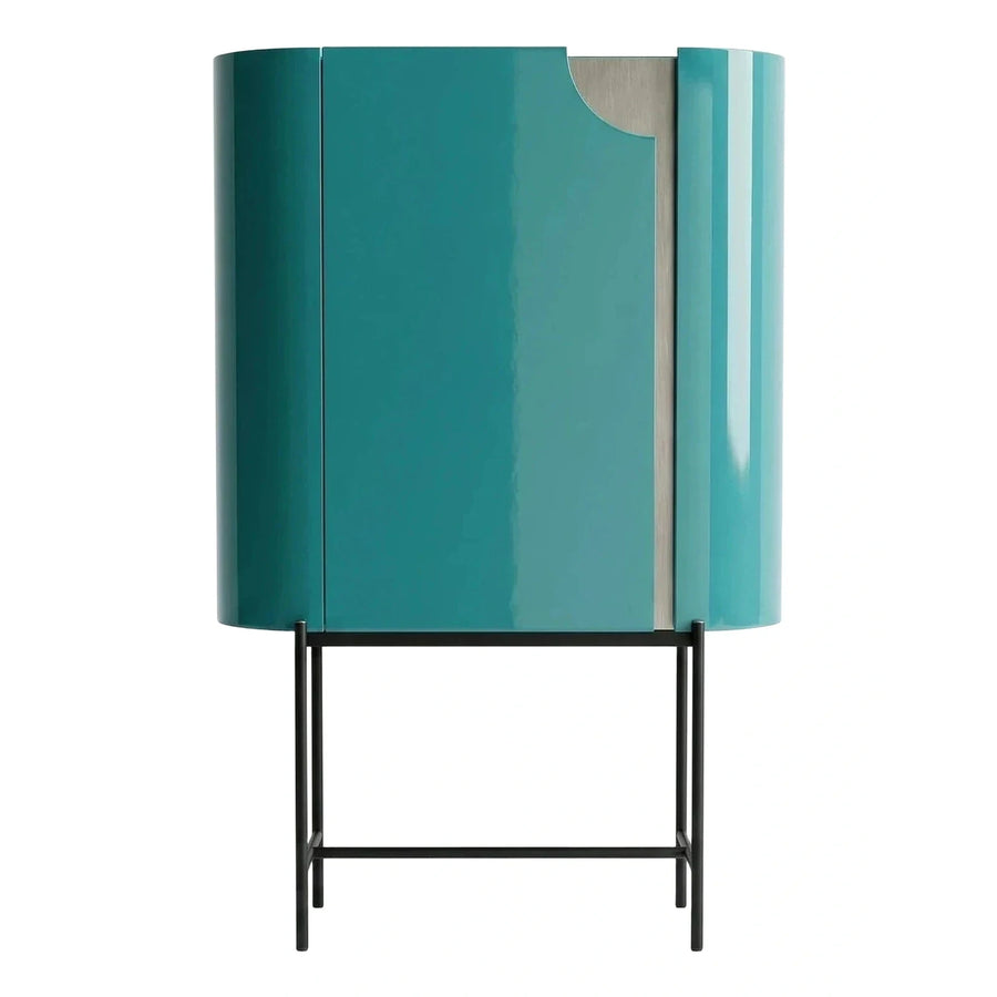 Glossy Teal Curved Cabinet with Black Metal Base
