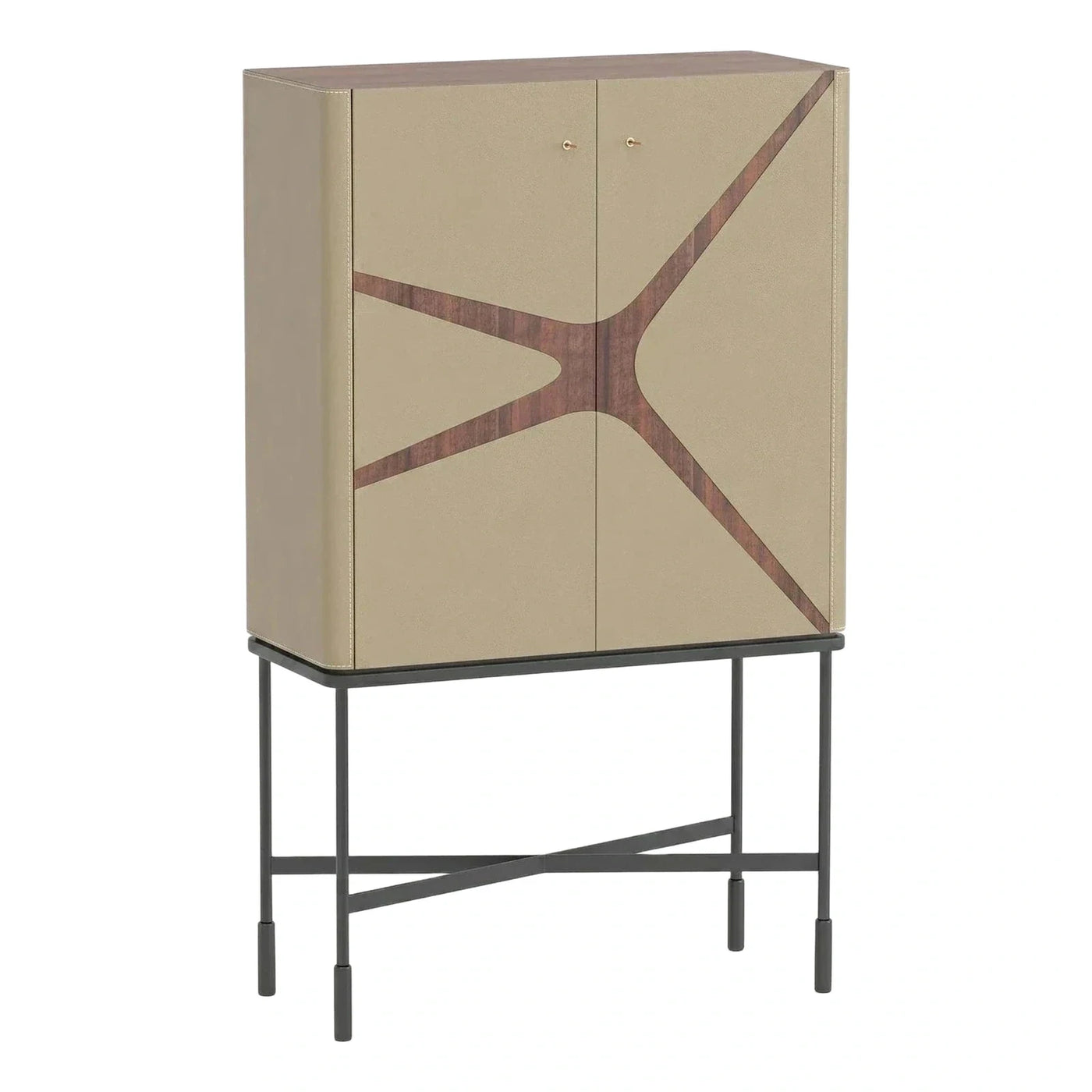 Modern Beige Leather Cabinet with Geometric Wood Inlay