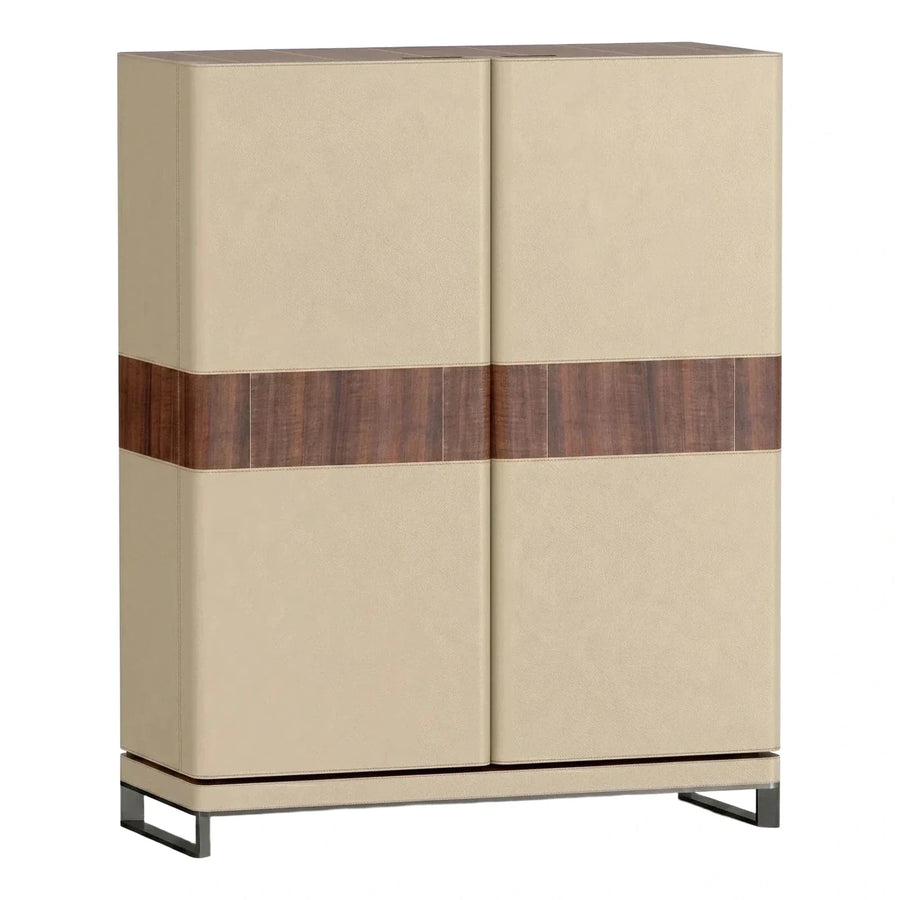 Beige Leather Cabinet with Dark Wood Inlay
