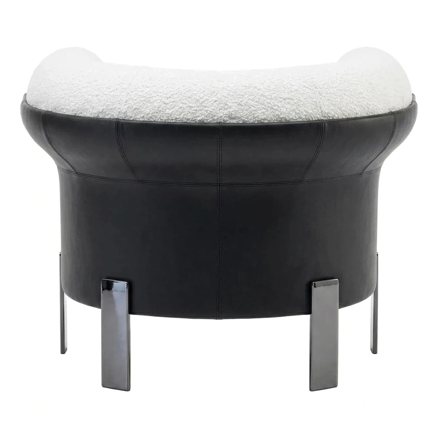 Black Leather and White Boucle Tub Lounge Chair