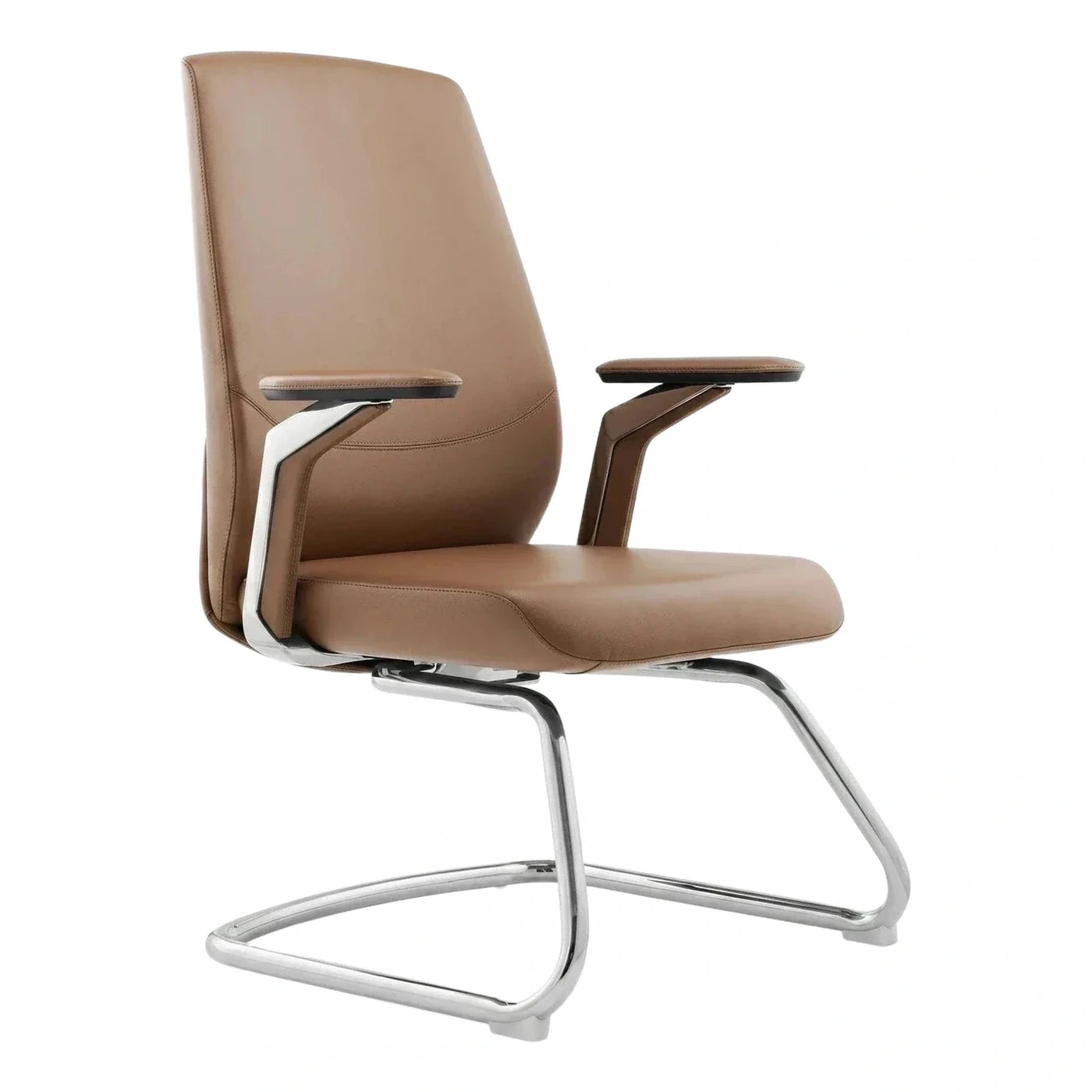 Modern Tan Leather Chrome Cantilever Chair