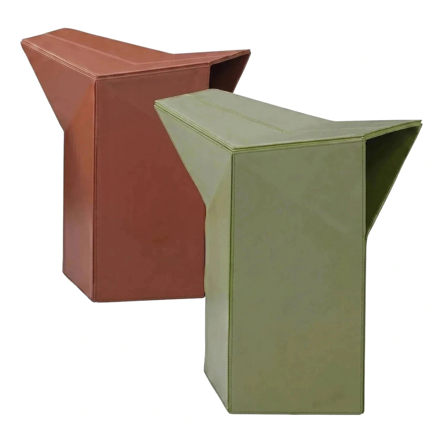 Modern Geometric Leather Stool in Brown and Green