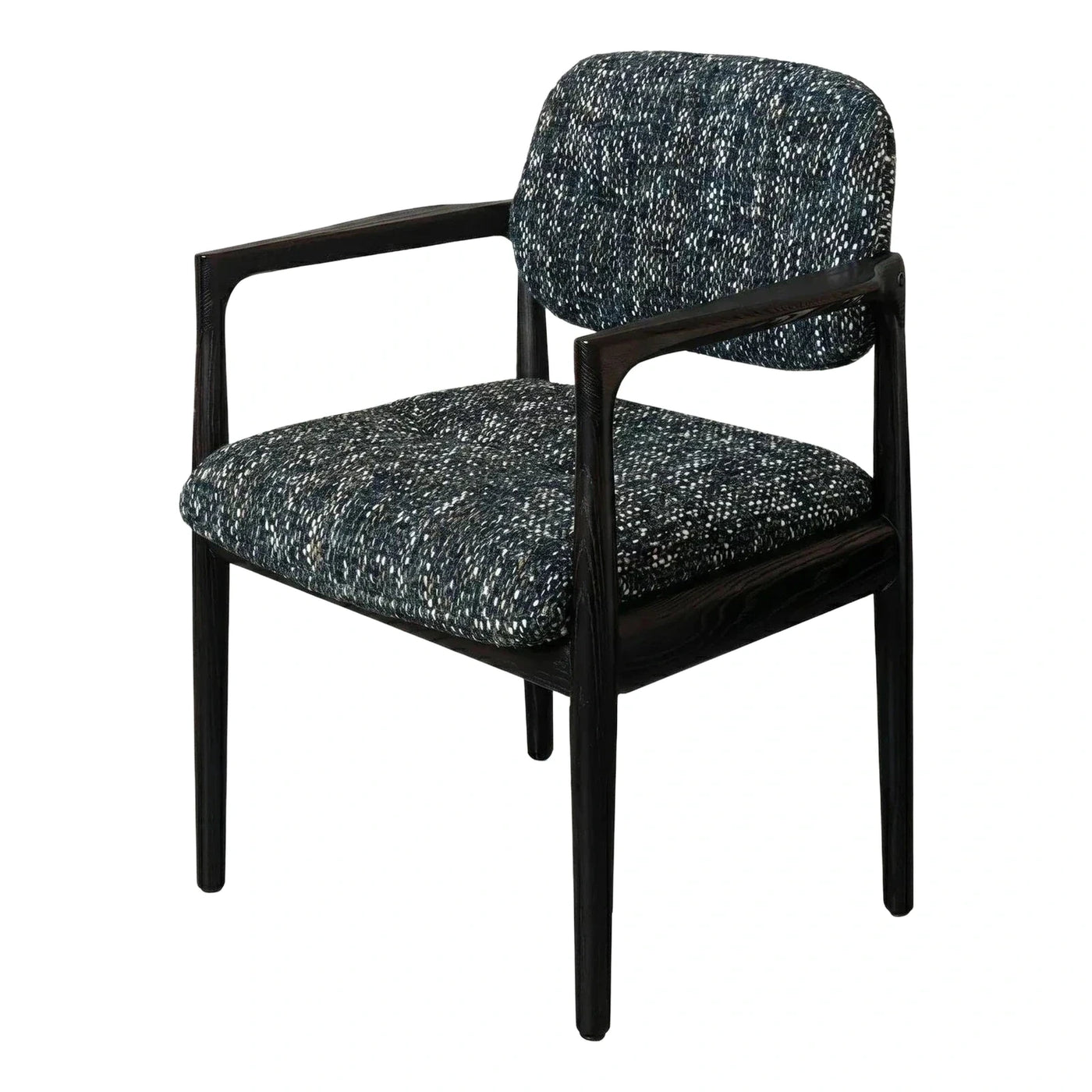 Dark Wood Armchair with Blue Speckled Fabric Upholstery