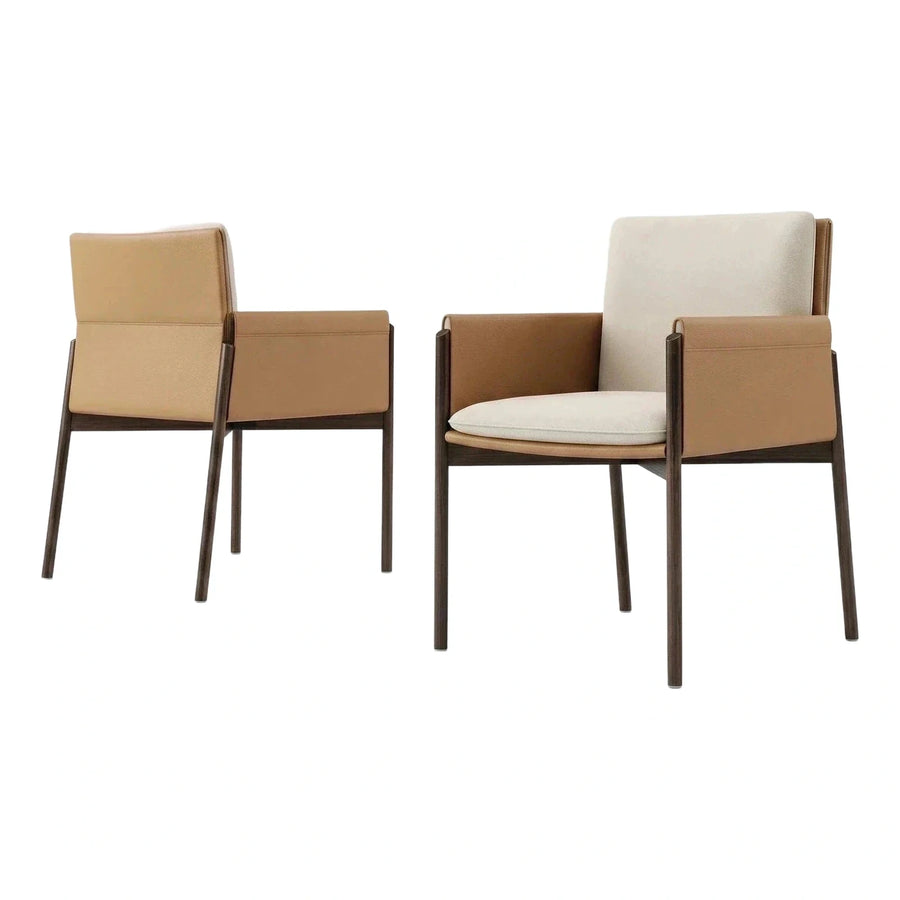 Modern Tan Leather and Cream Fabric Armchair