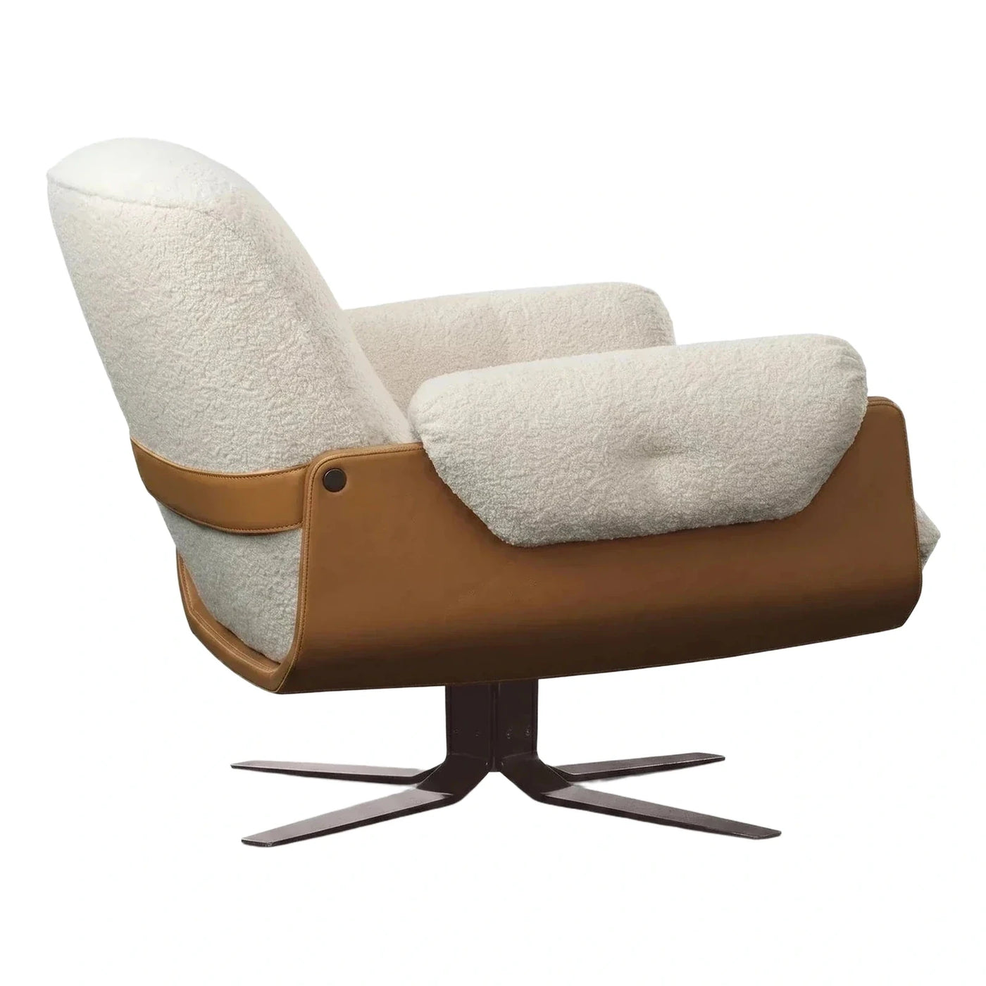 Cream Boucle and Tan Leather Swivel Lounge Chair