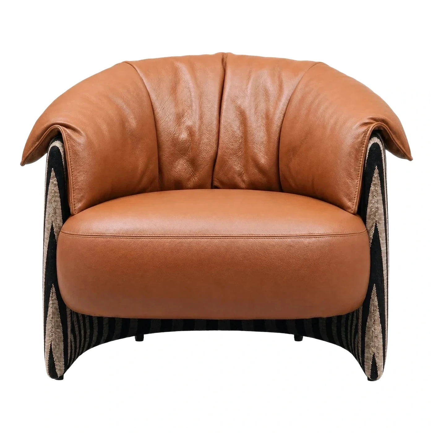 Modern Tan Leather Armchair with Patterned Fabric Base