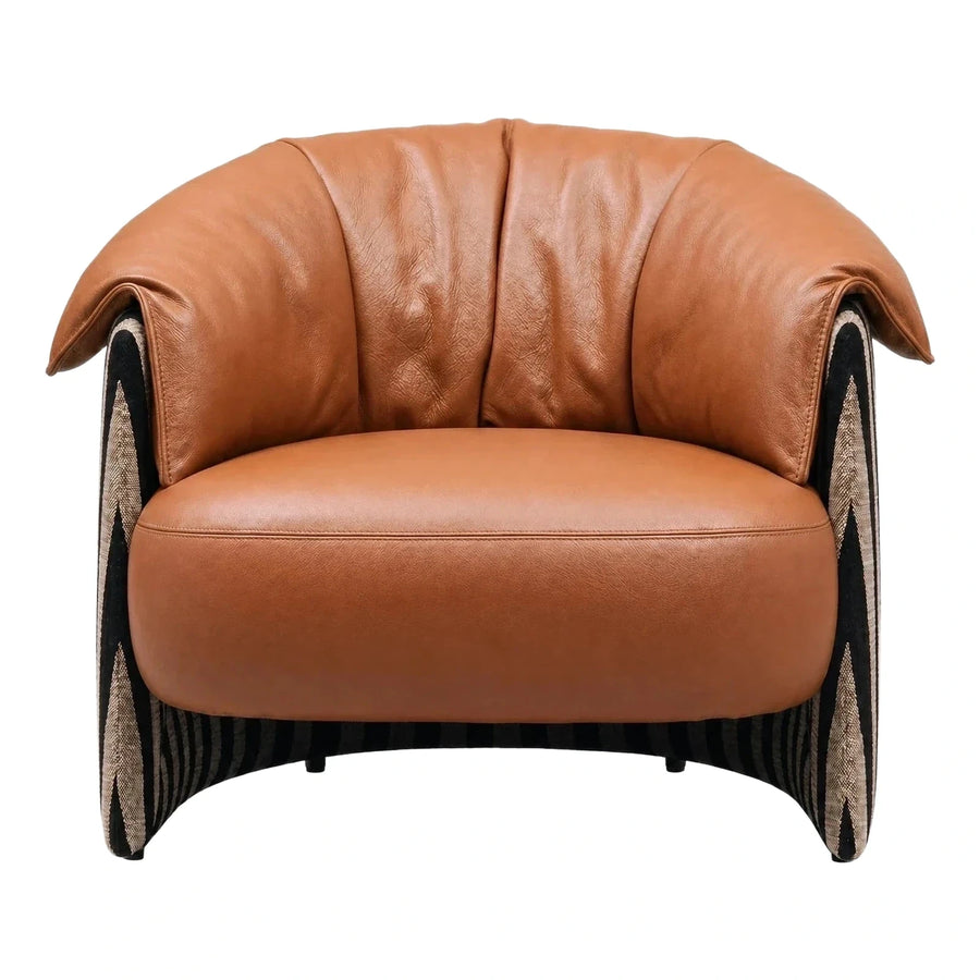 Modern Tan Leather Armchair with Patterned Fabric Base