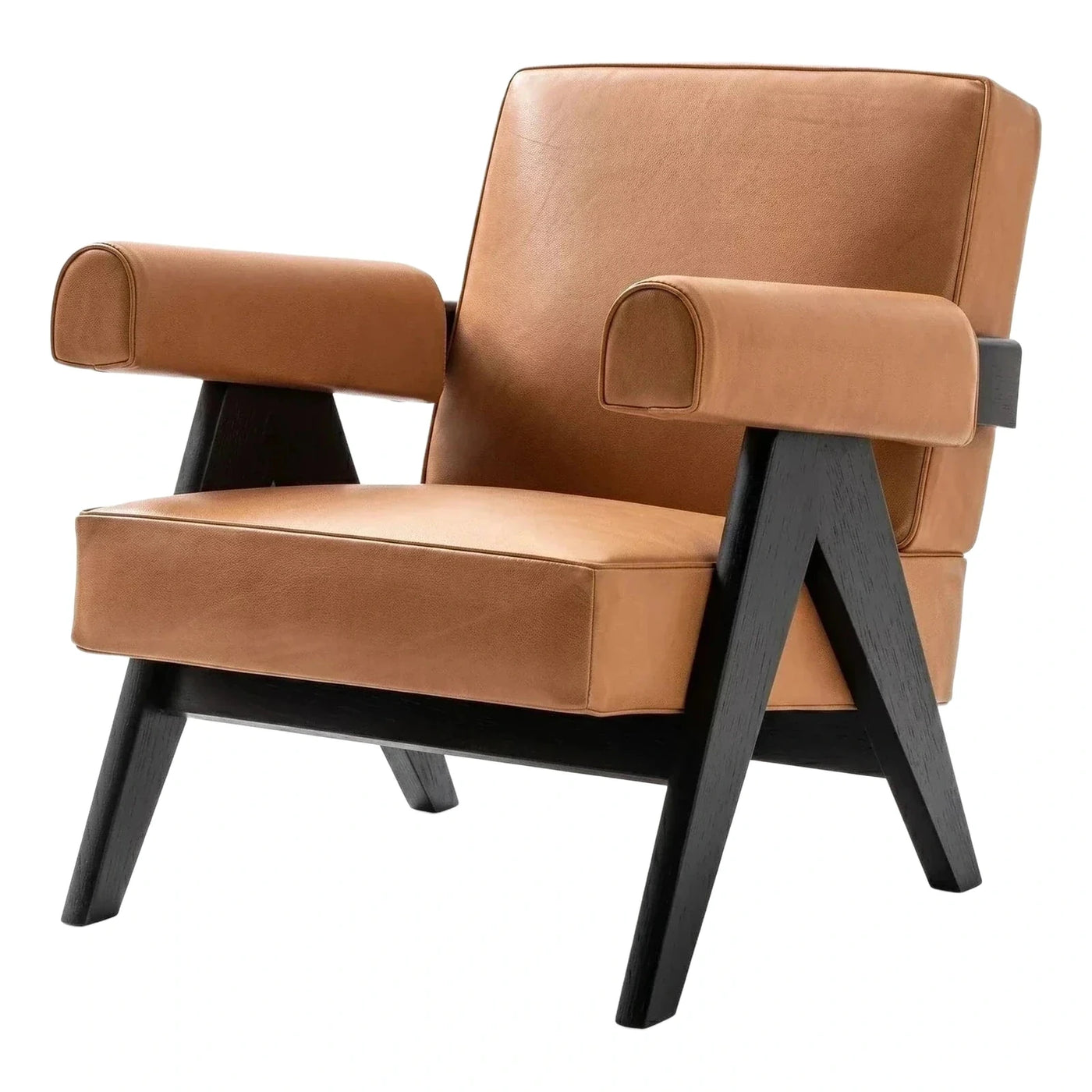 Tan Leather Armchair with Dark Wood Frame