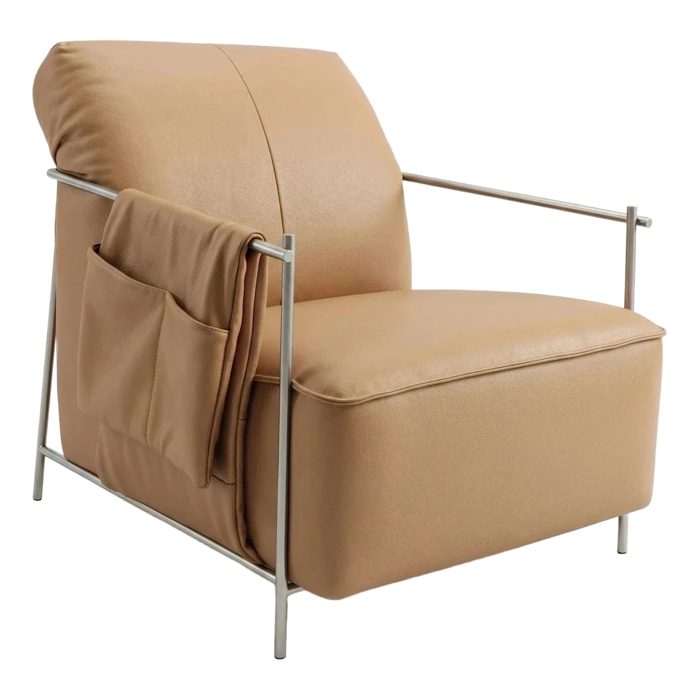 Modern Tan Leather Armchair with Metal Frame