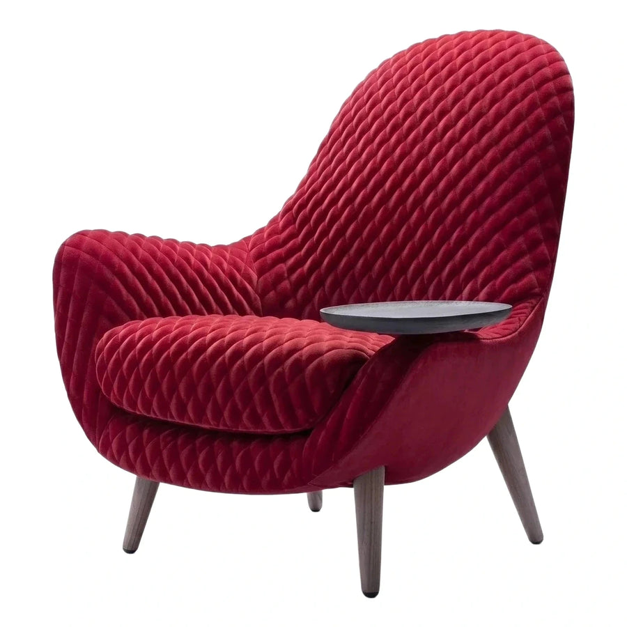 Red Quilted Velvet Lounge Chair with Side Tray