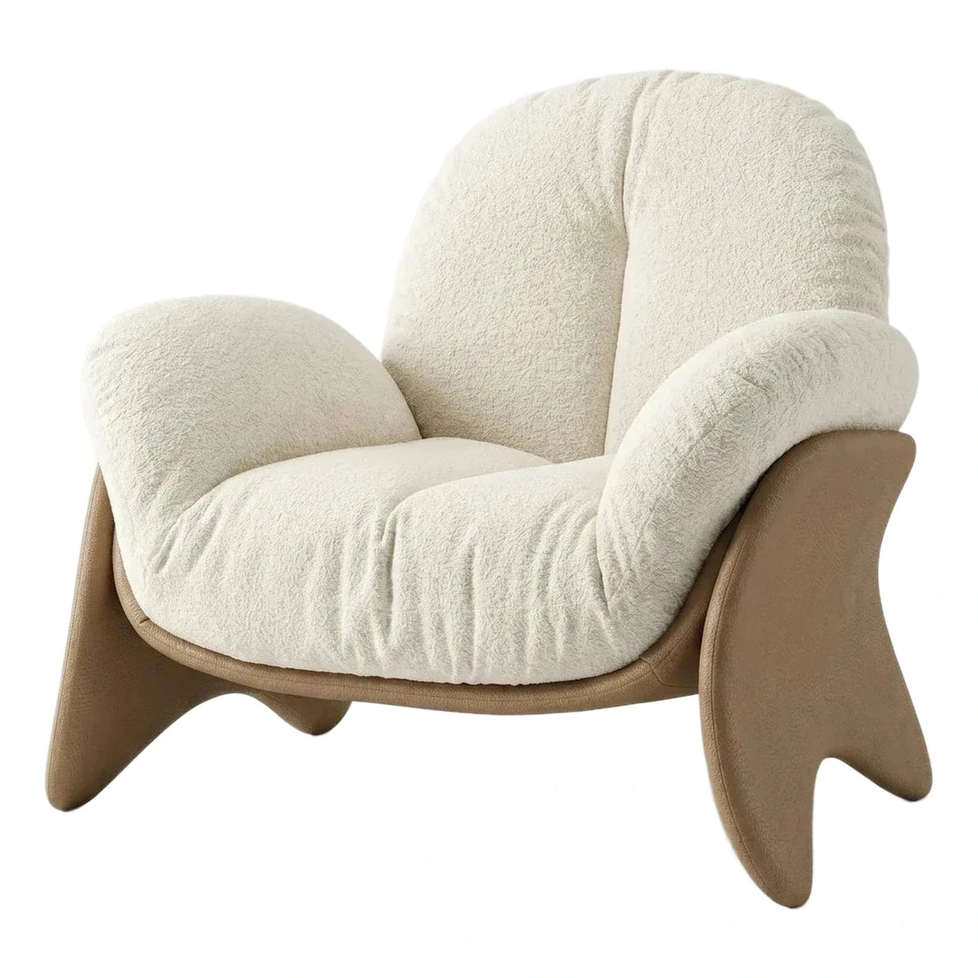 Cream Boucle Lounge Chair with Sculptural Wood Base