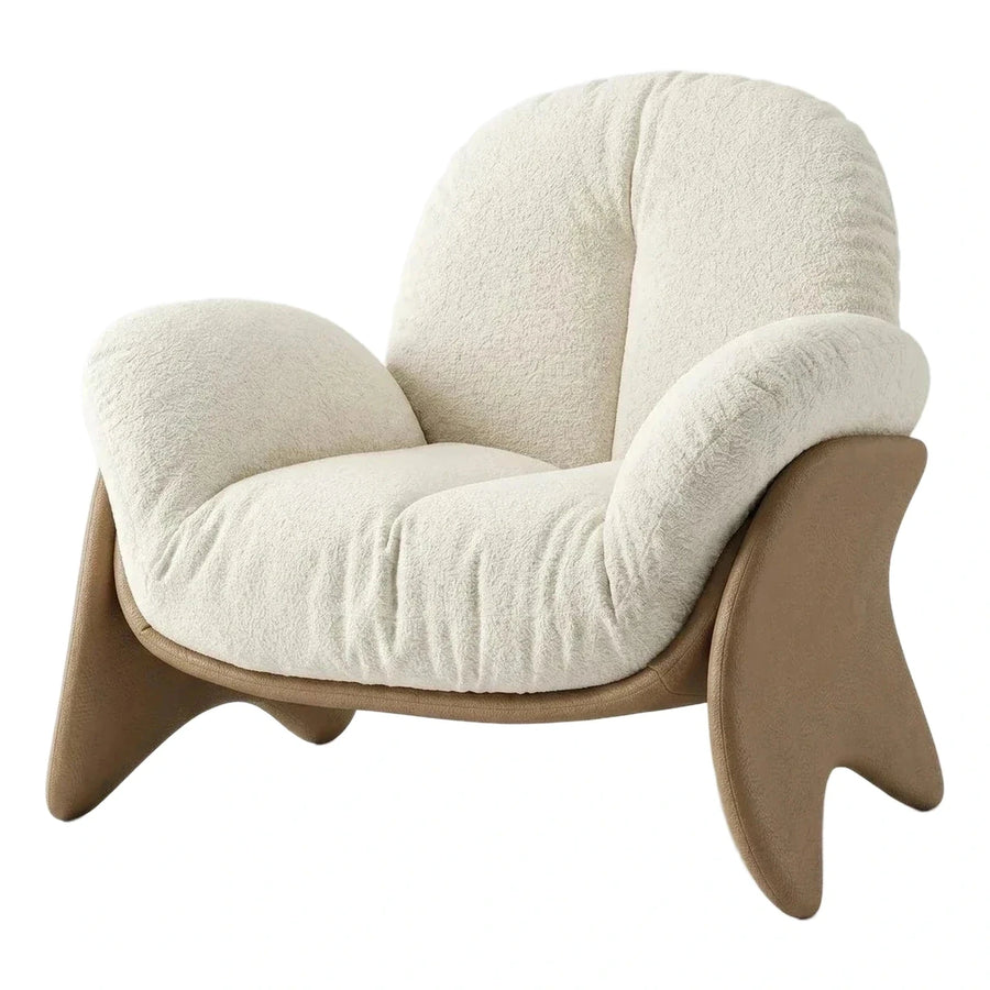 Cream Boucle Lounge Chair with Sculptural Wood Base