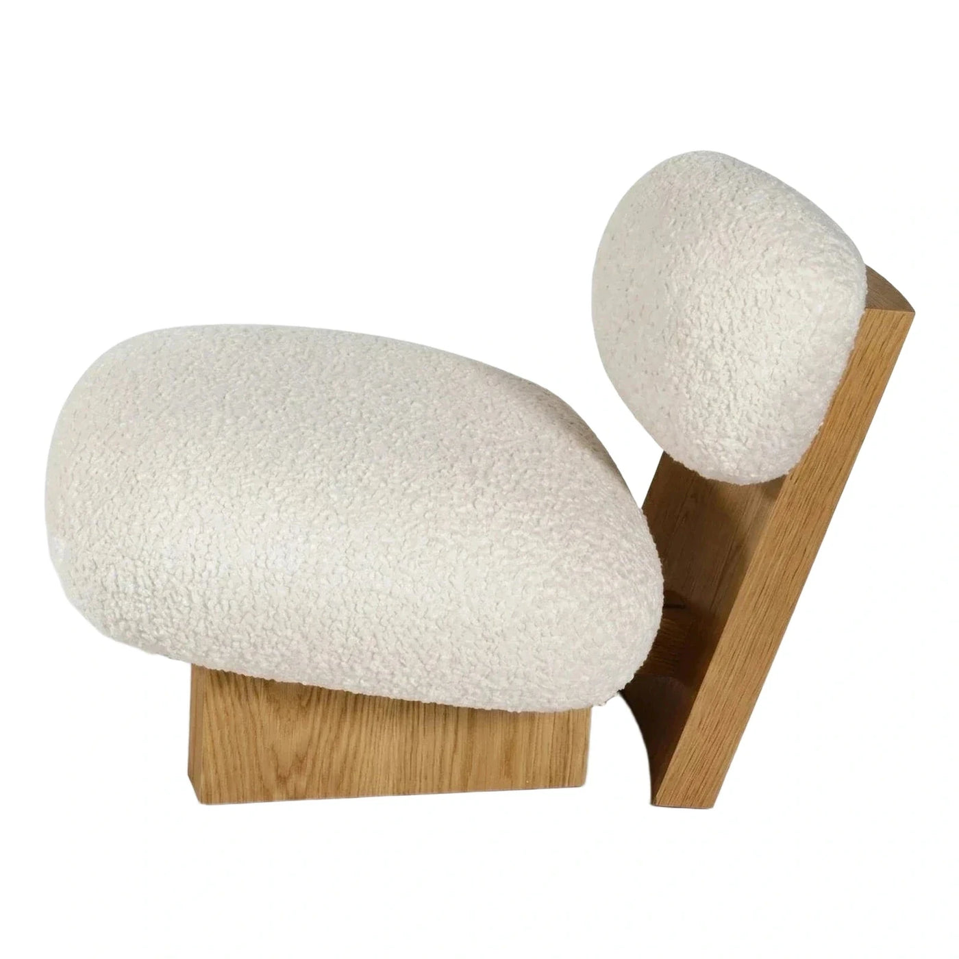 White Boucle Lounge Chair with Angled Wood Frame