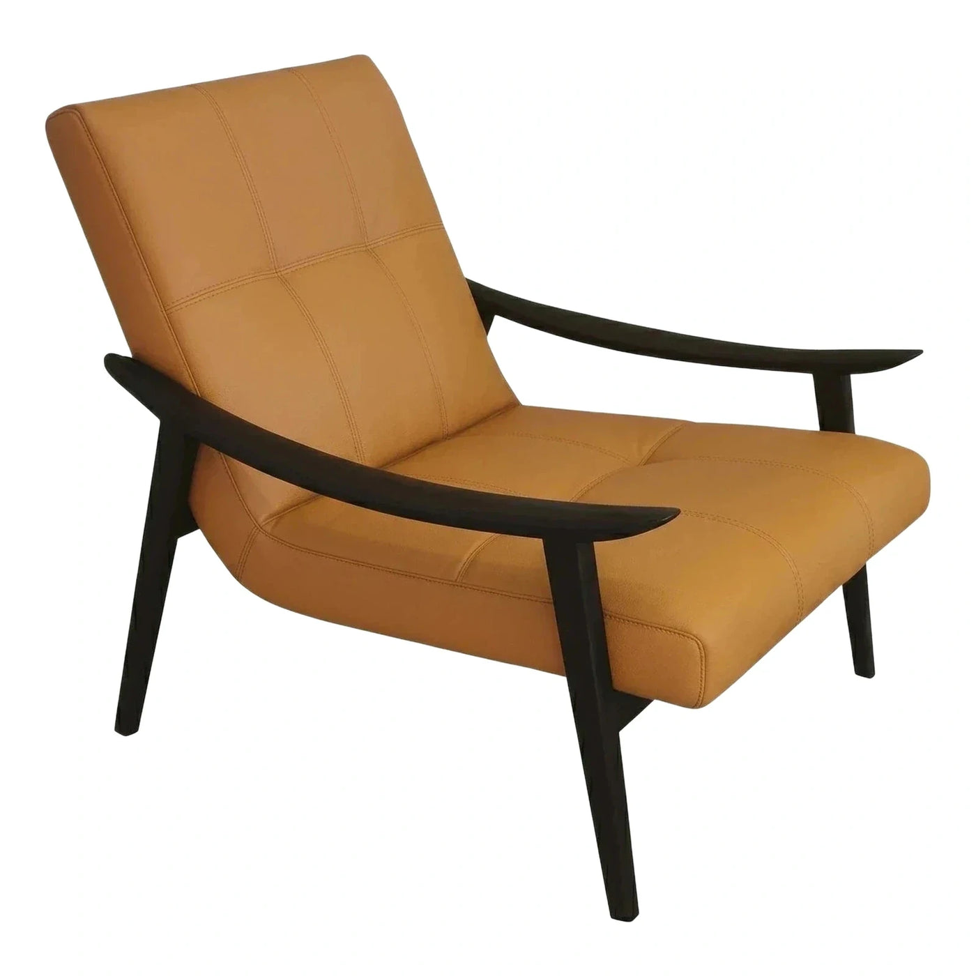 Modern Tan Leather Lounge Chair with Dark Wood Frame