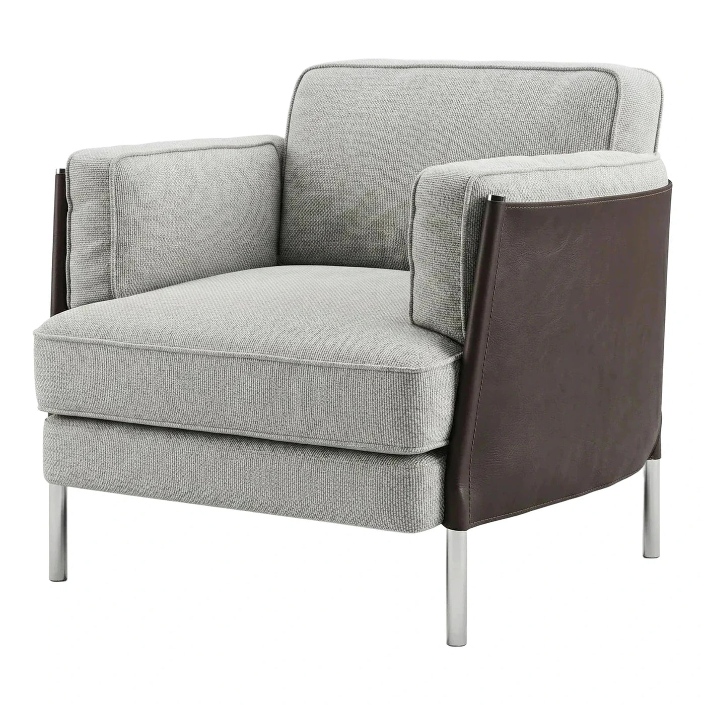 Modern Grey Fabric Armchair with Brown Leather Sides