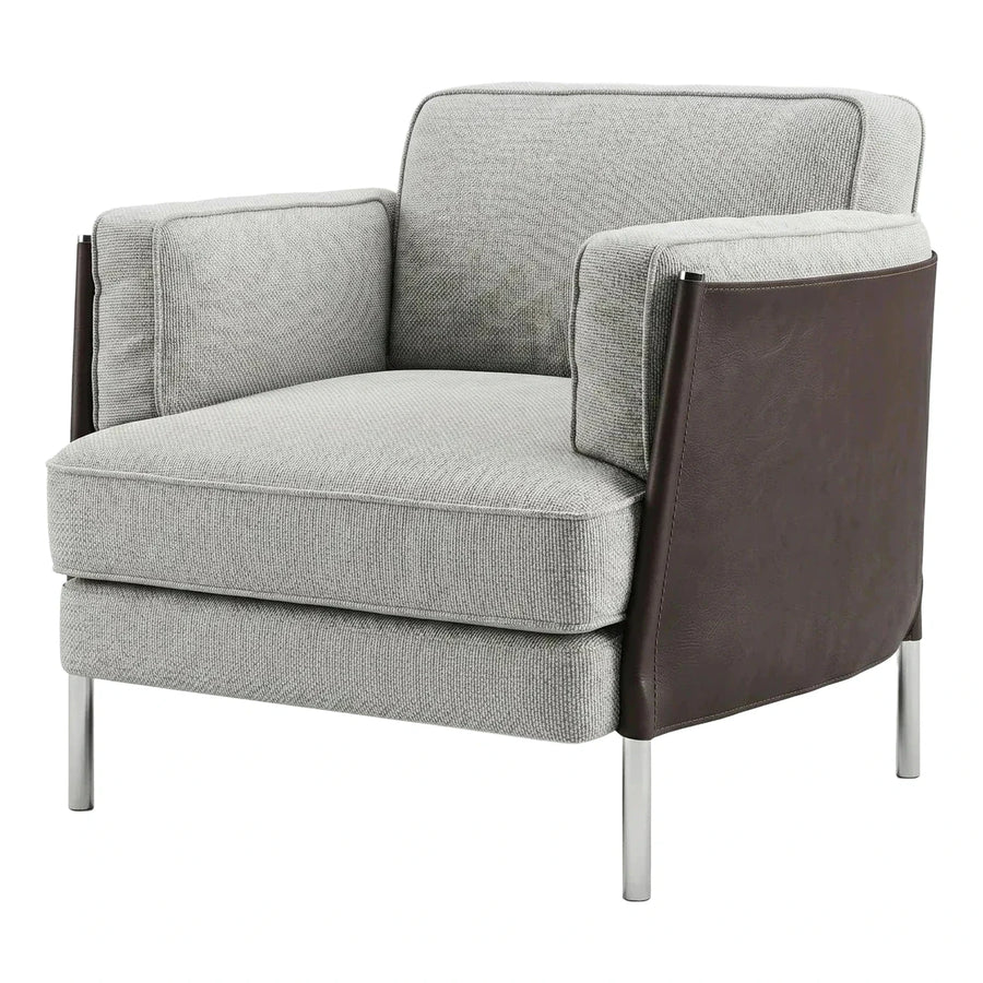 Modern Grey Fabric Armchair with Brown Leather Sides