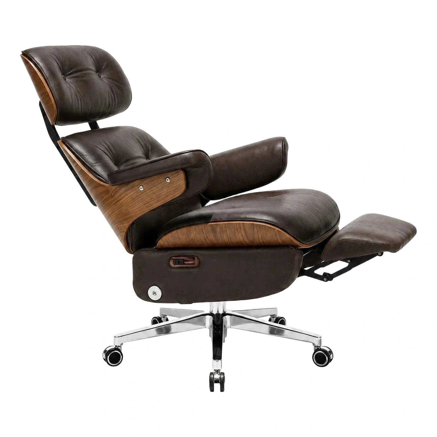 Brown Leather Reclining Executive Chair with Wood Shell