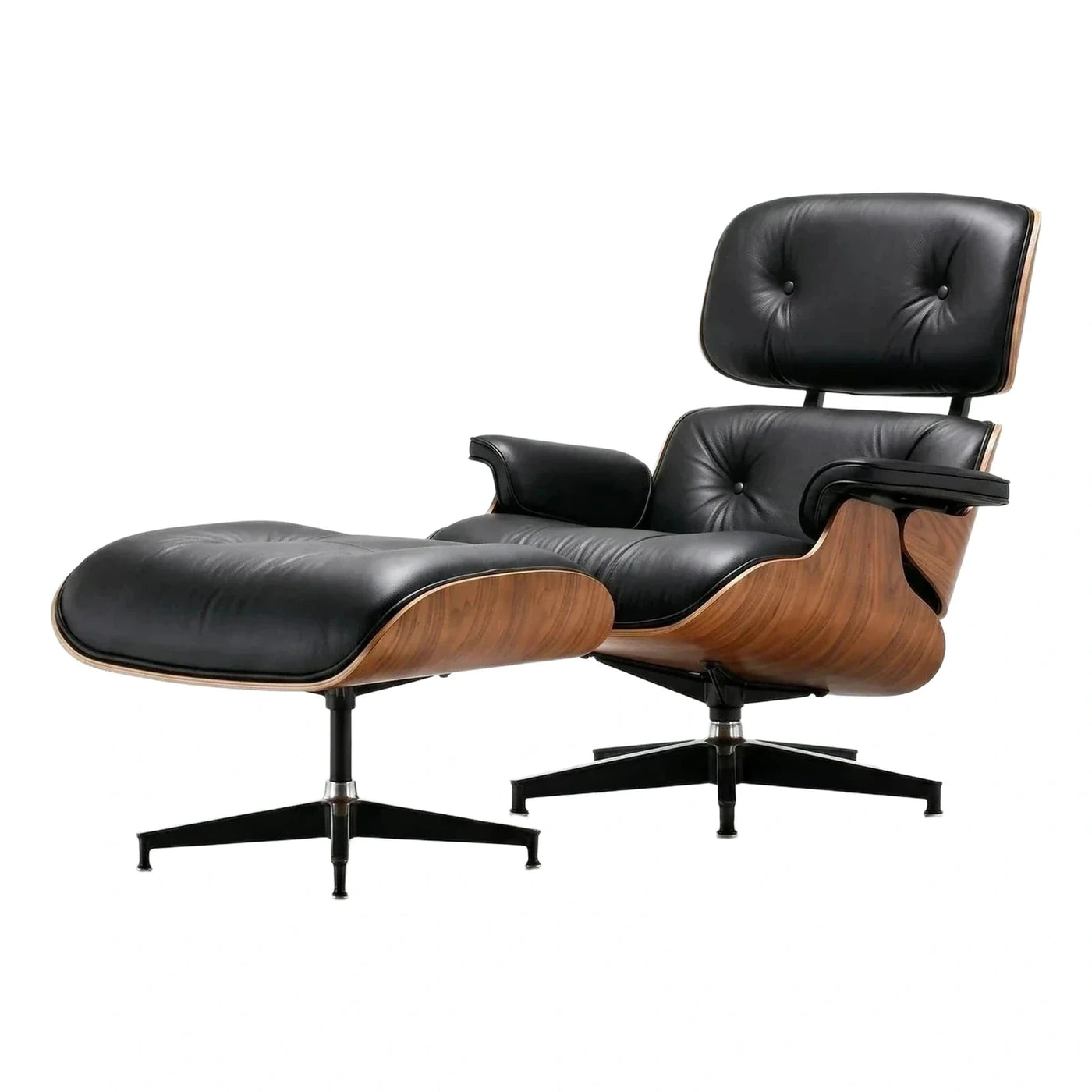Black Leather Lounge Chair and Ottoman with Wood Shell