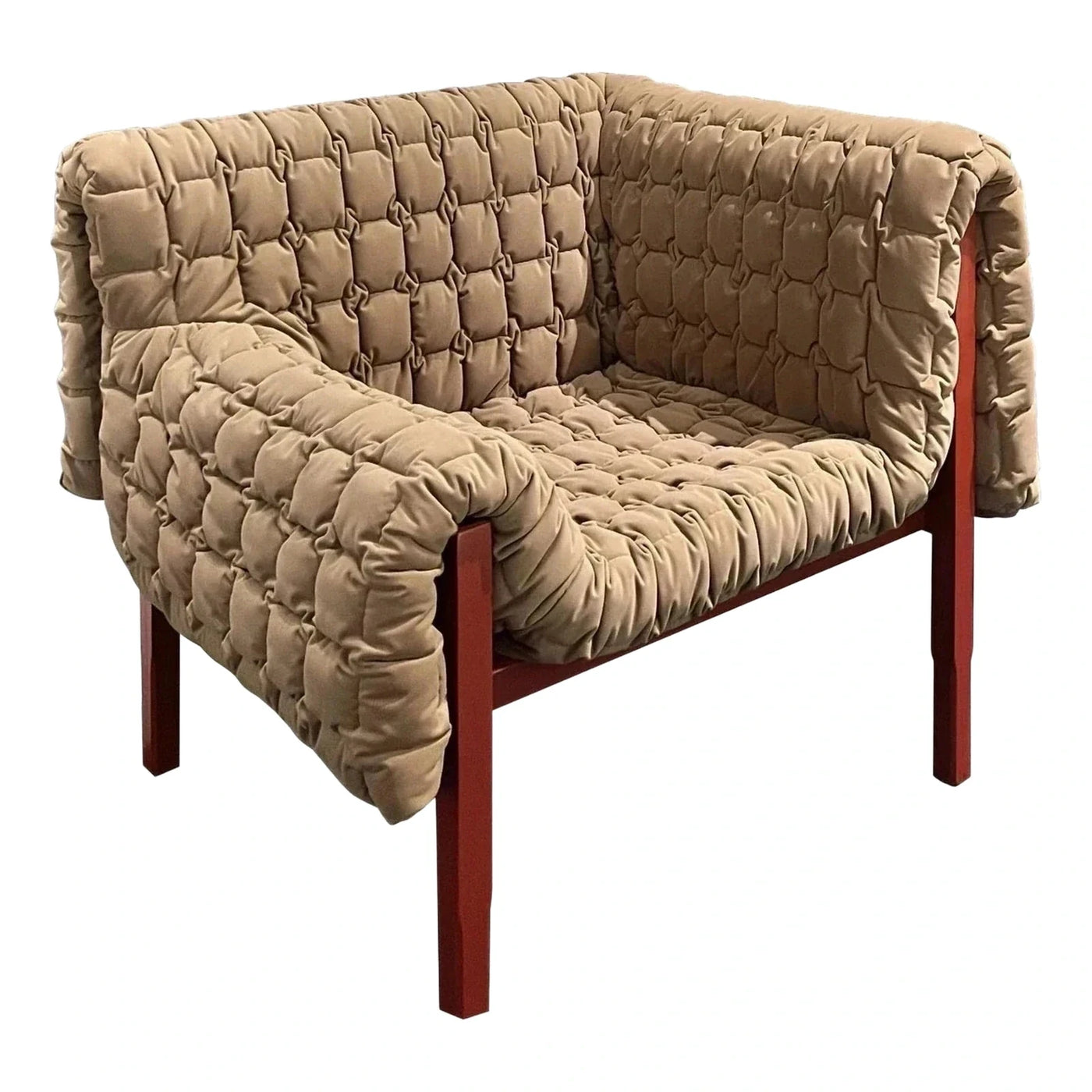 Beige Quilted Puffer Armchair with Wood Frame