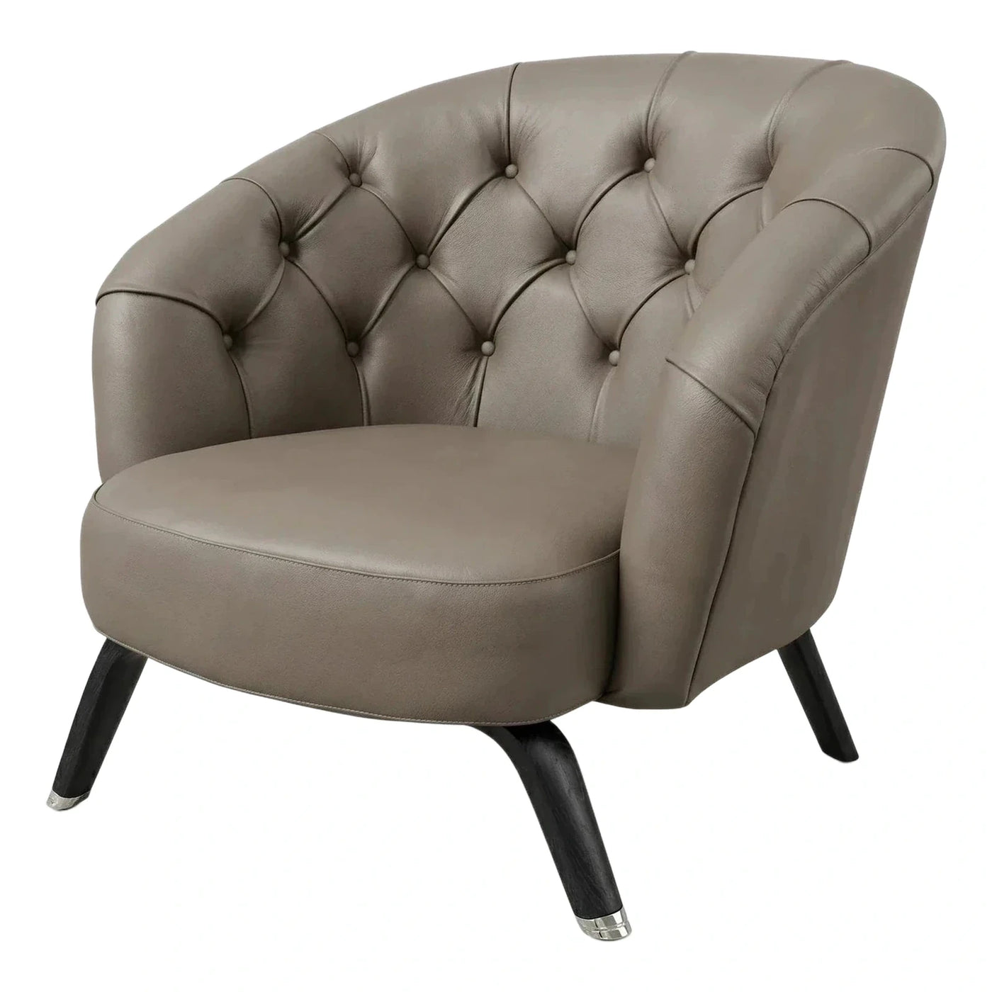 Modern Tufted Grey Leather Armchair with Wood Legs