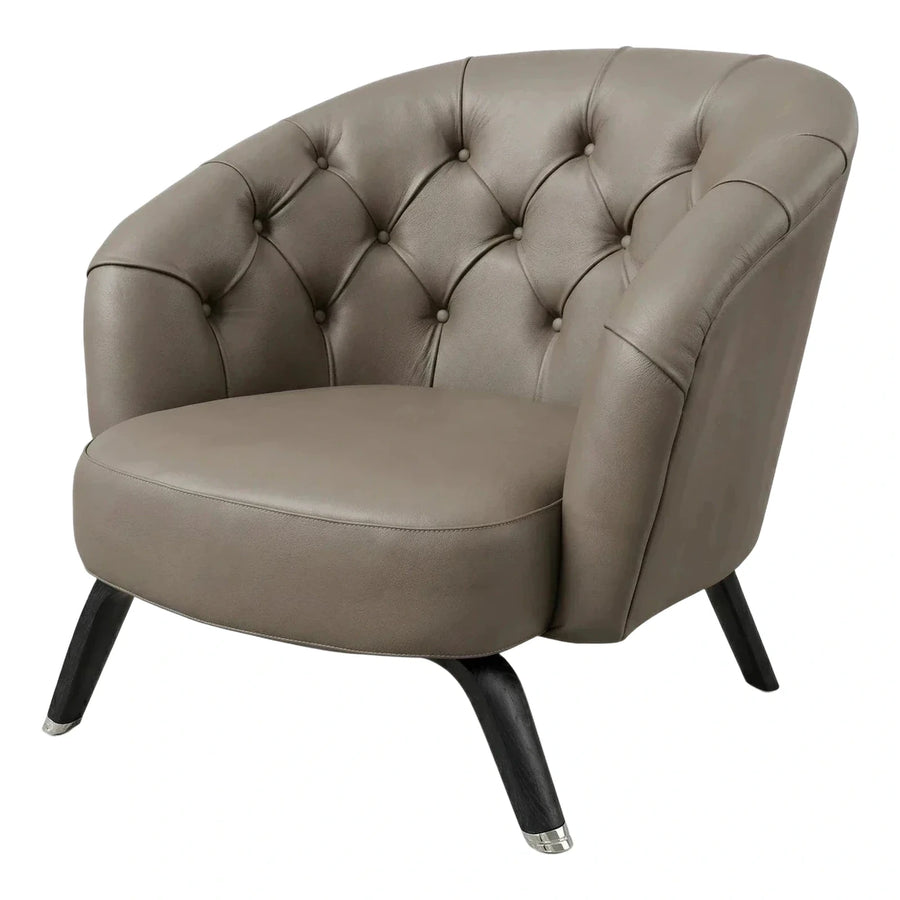 Modern Tufted Grey Leather Armchair with Wood Legs