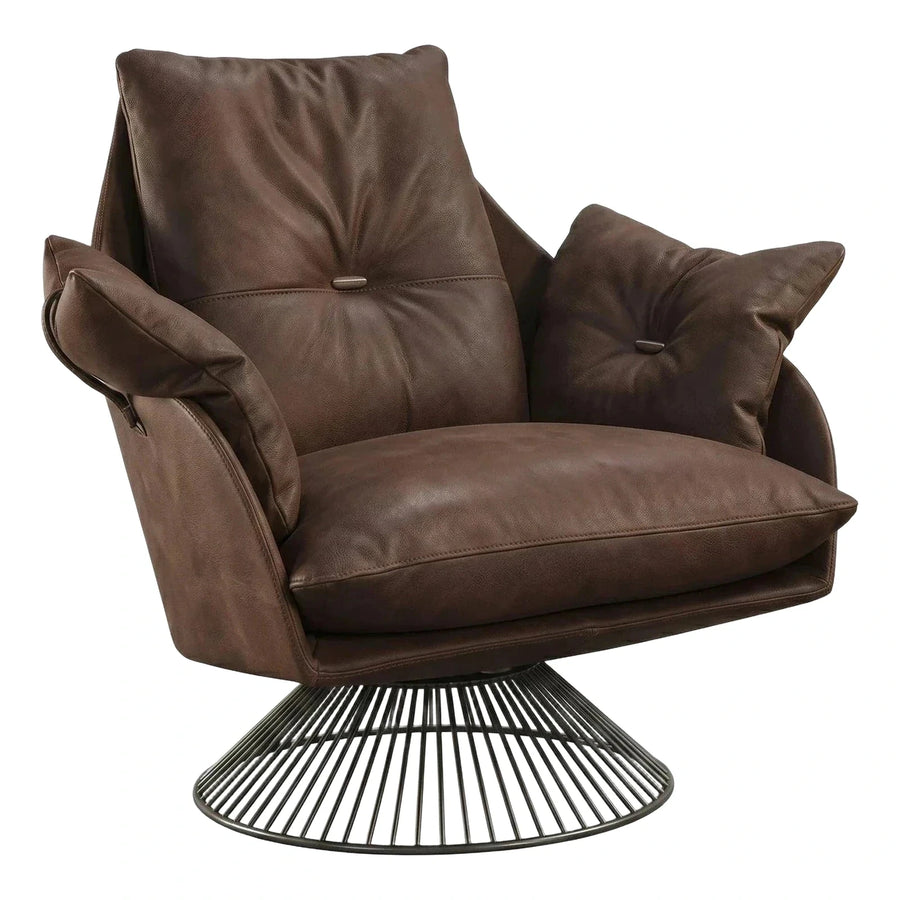 Brown Leather Swivel Lounge Chair with Wire Base