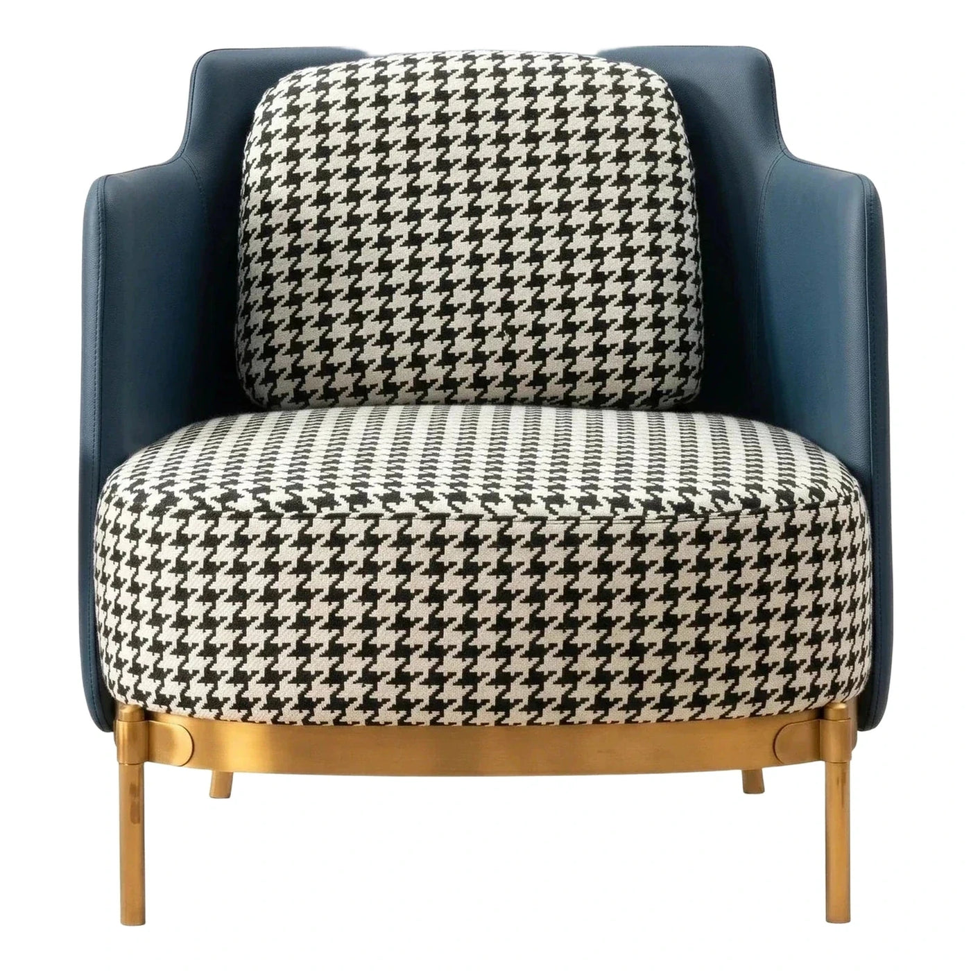 Blue Leather Houndstooth Armchair with Gold Metal Base