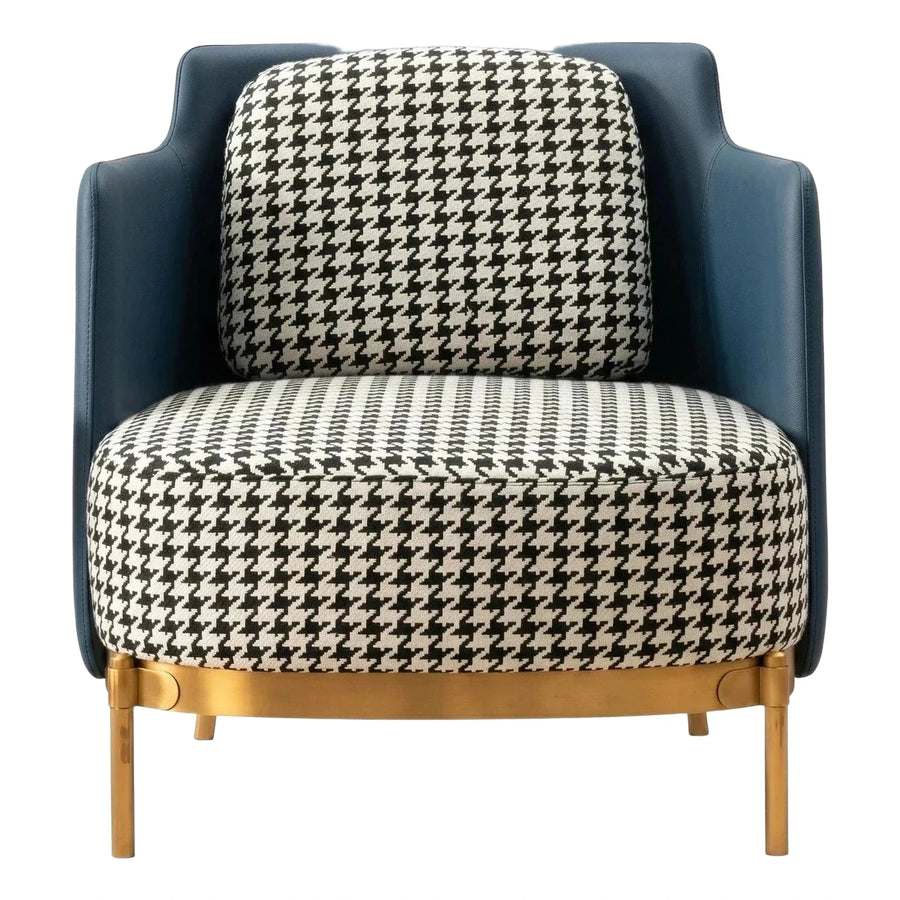 Blue Leather Houndstooth Armchair with Gold Metal Base