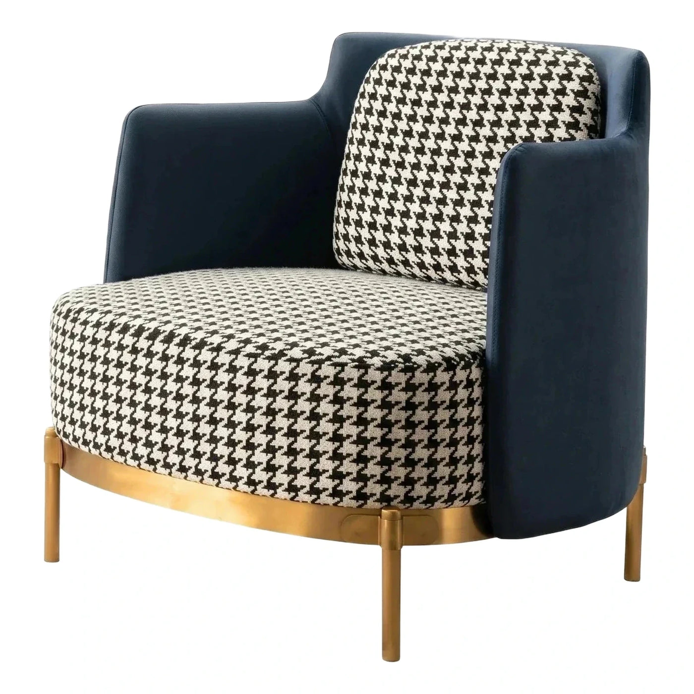 Navy Blue and Houndstooth Armchair with Gold Base