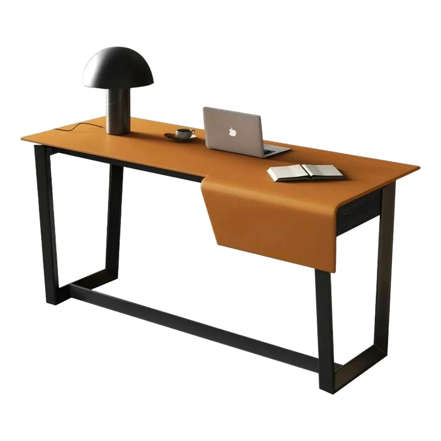 Modern Tan Leather Top Desk with Black Metal Frame