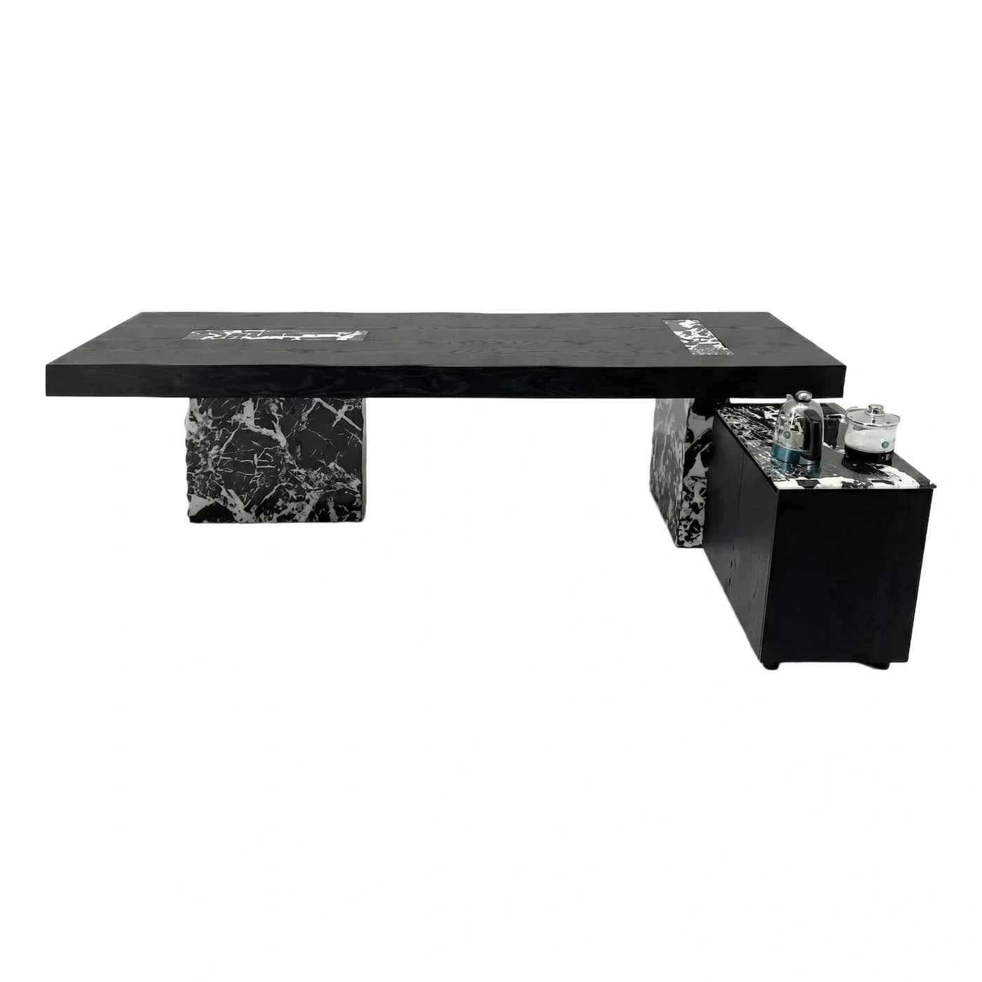Modern Black Wood Table with Marble Base and Cabinet