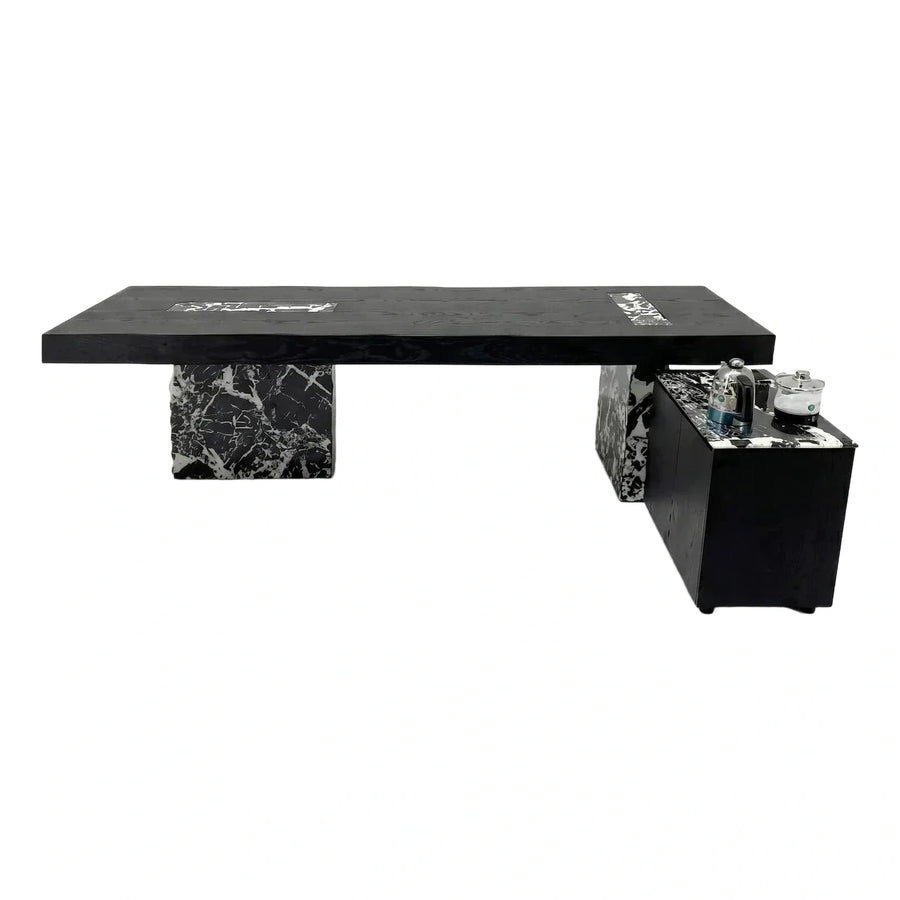 Modern Black Wood Table with Marble Base and Cabinet
