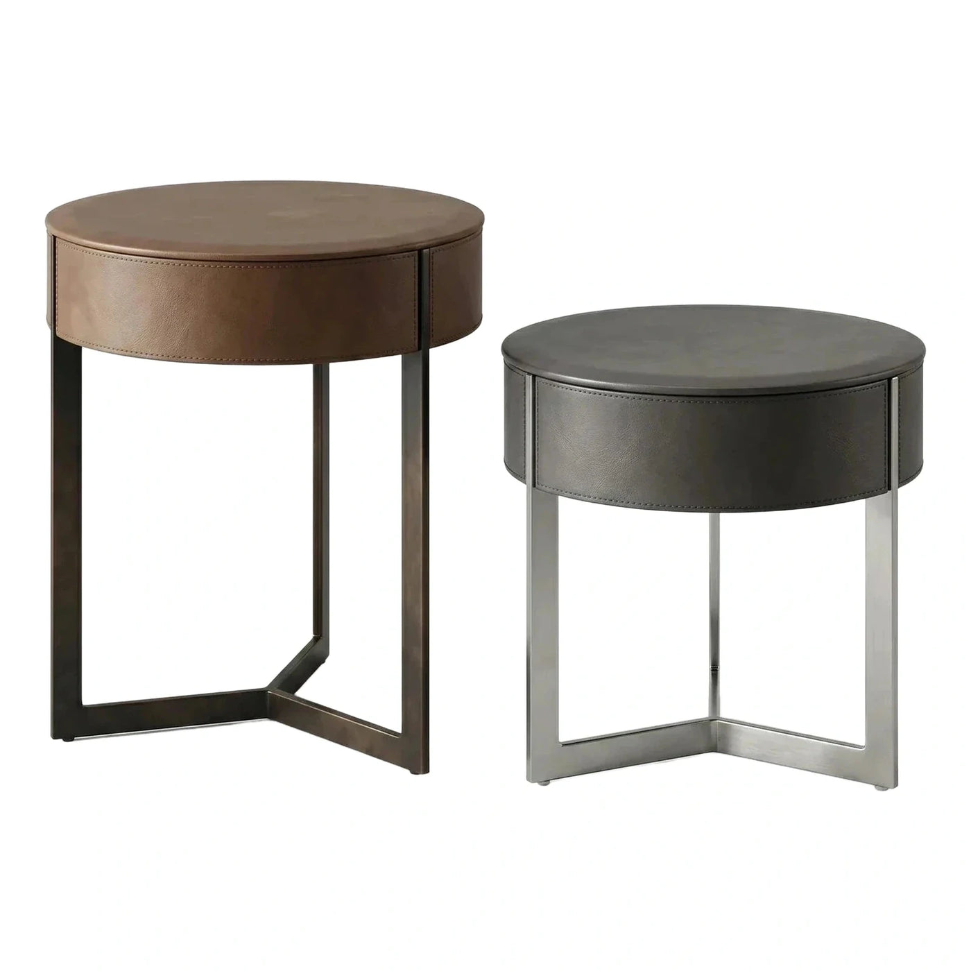 Round Leather Wrapped Side Table with Metal Base