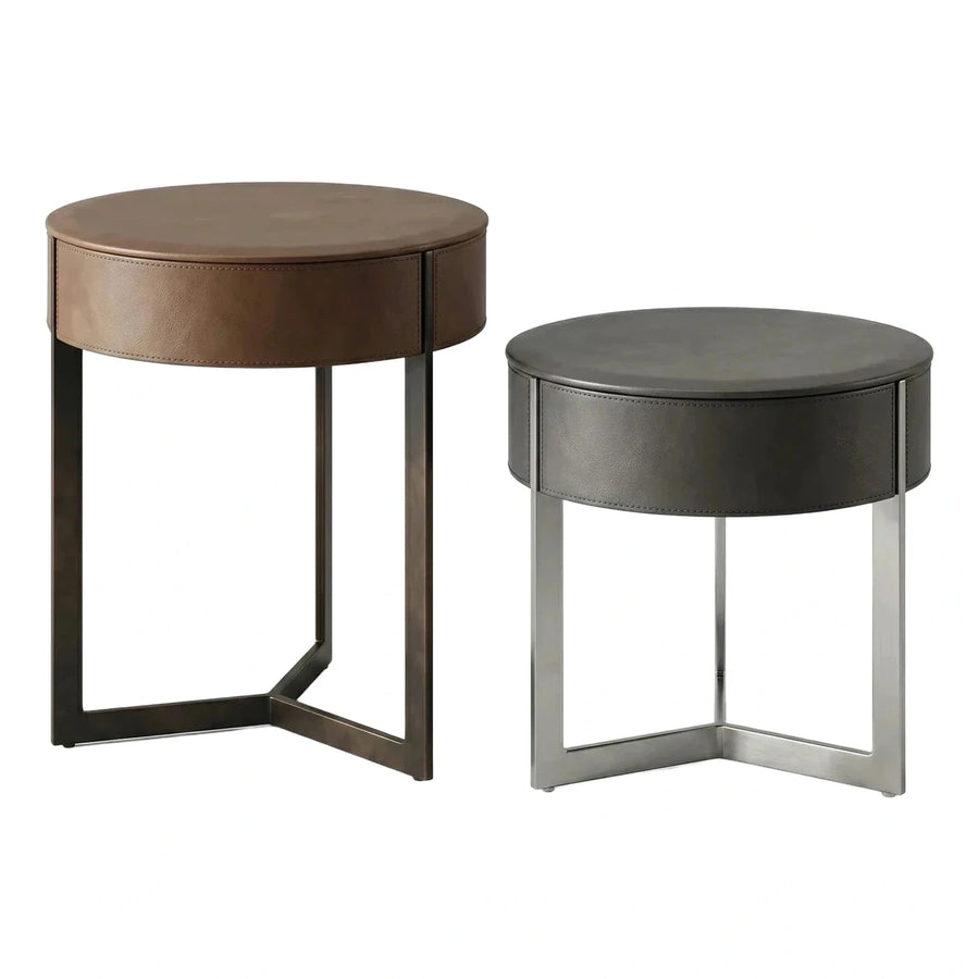 Round Leather Wrapped Side Table with Metal Base