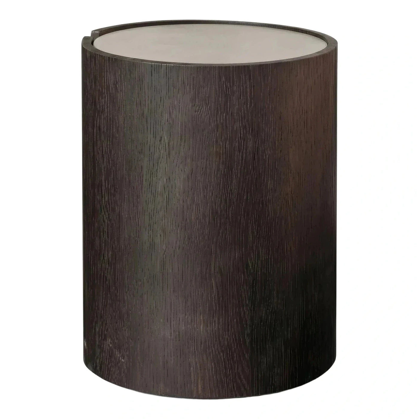 Cylindrical Dark Wood Side Table with Stone Top