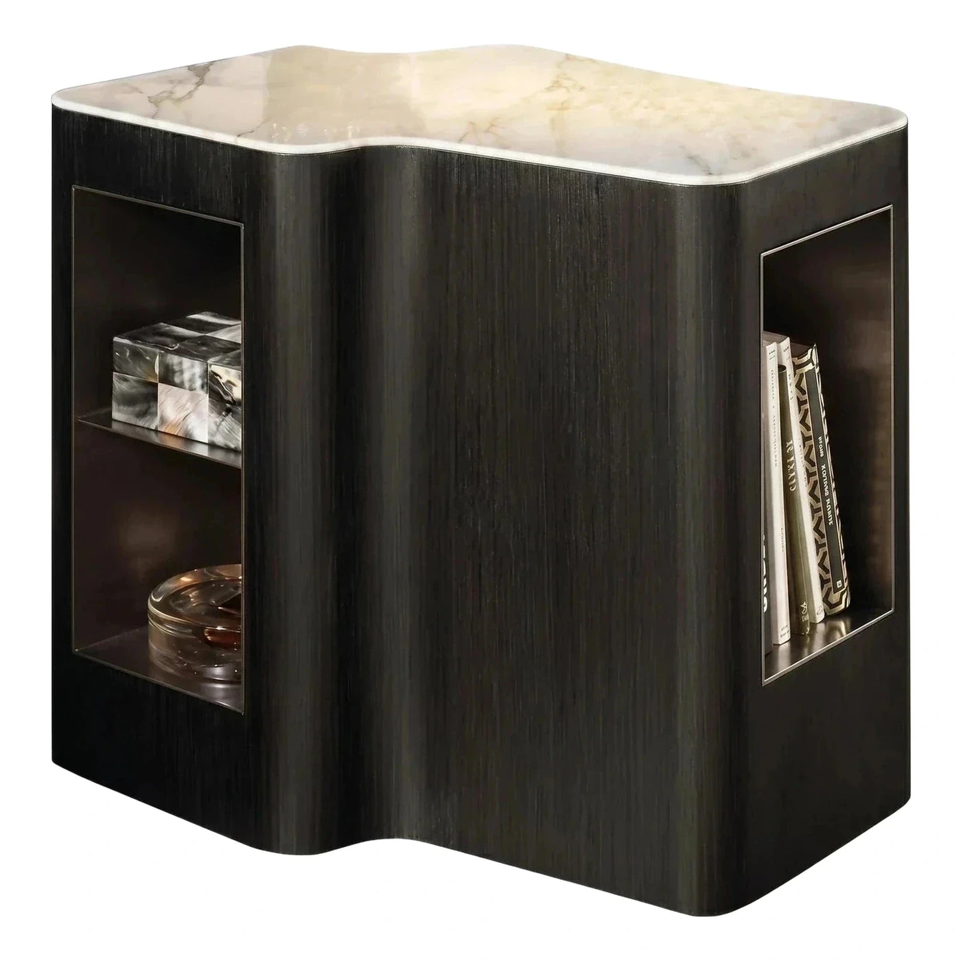 Modern Black Wood Side Table with Marble Top