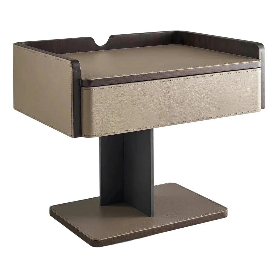 Modern Beige Leather Wrapped Pedestal Side Table