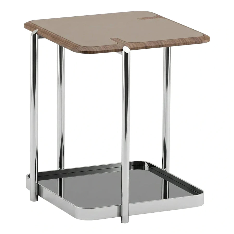 Modern Chrome Side Table with Wood and Beige Top