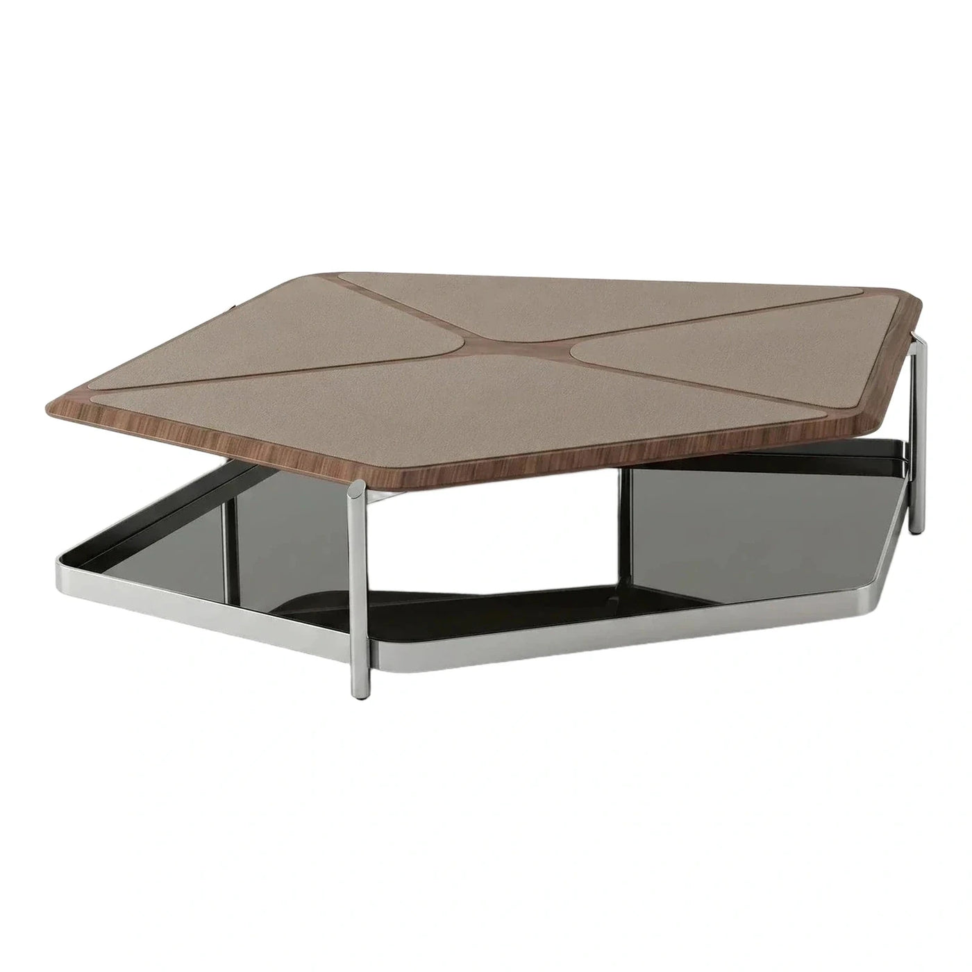 Modern Geometric Leather and Wood Coffee Table