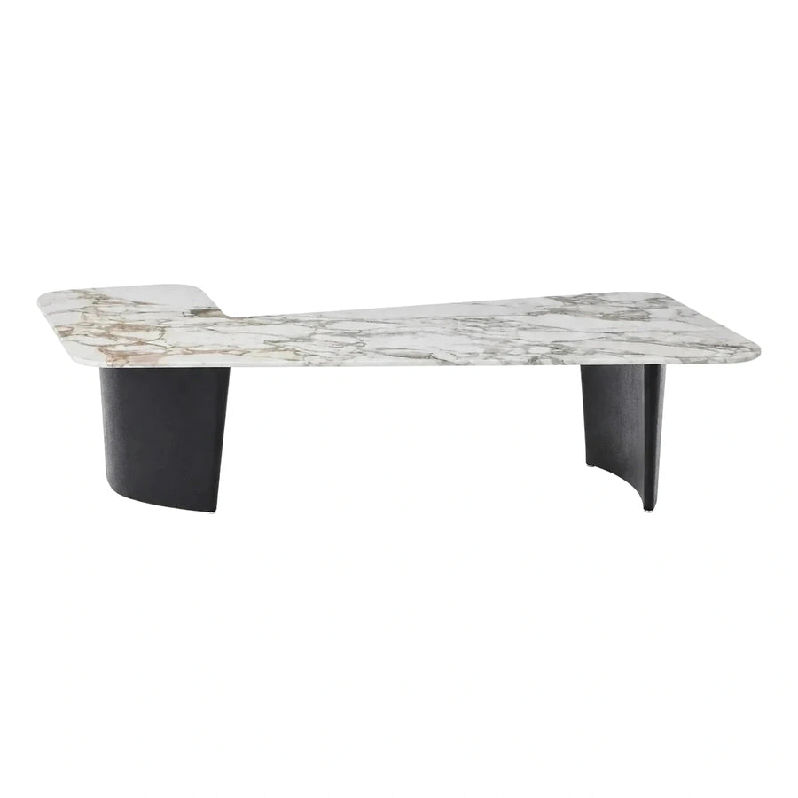 Asymmetrical White Marble Coffee Table with Black Base