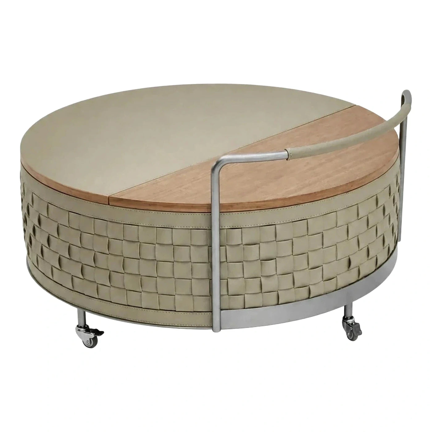 Round Woven Leather Coffee Table with Wood Top