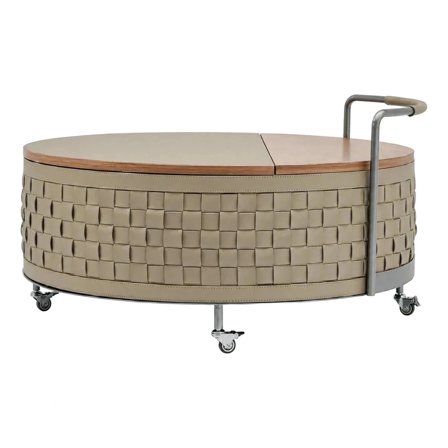 Oval Woven Leather Coffee Table with Casters