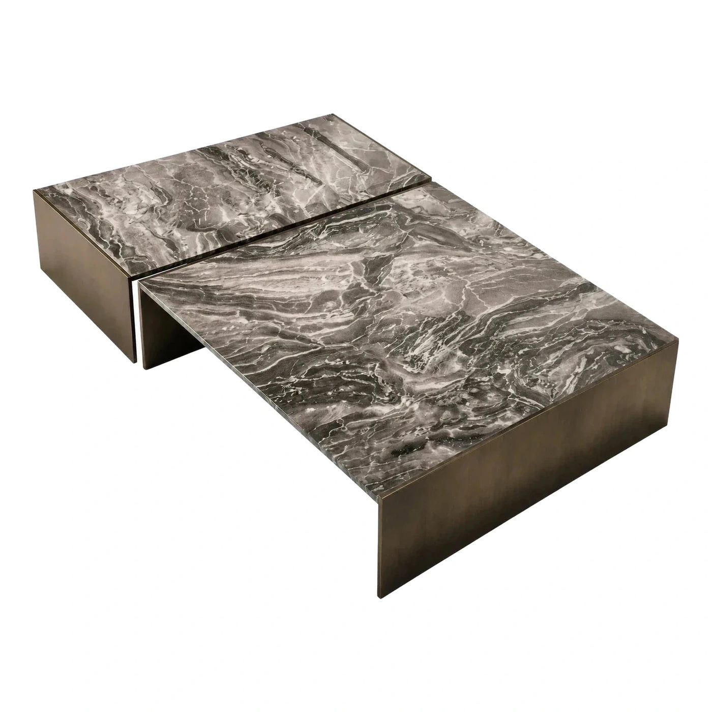 Modern Grey Marble Two-Tier Coffee Table Bronze Base
