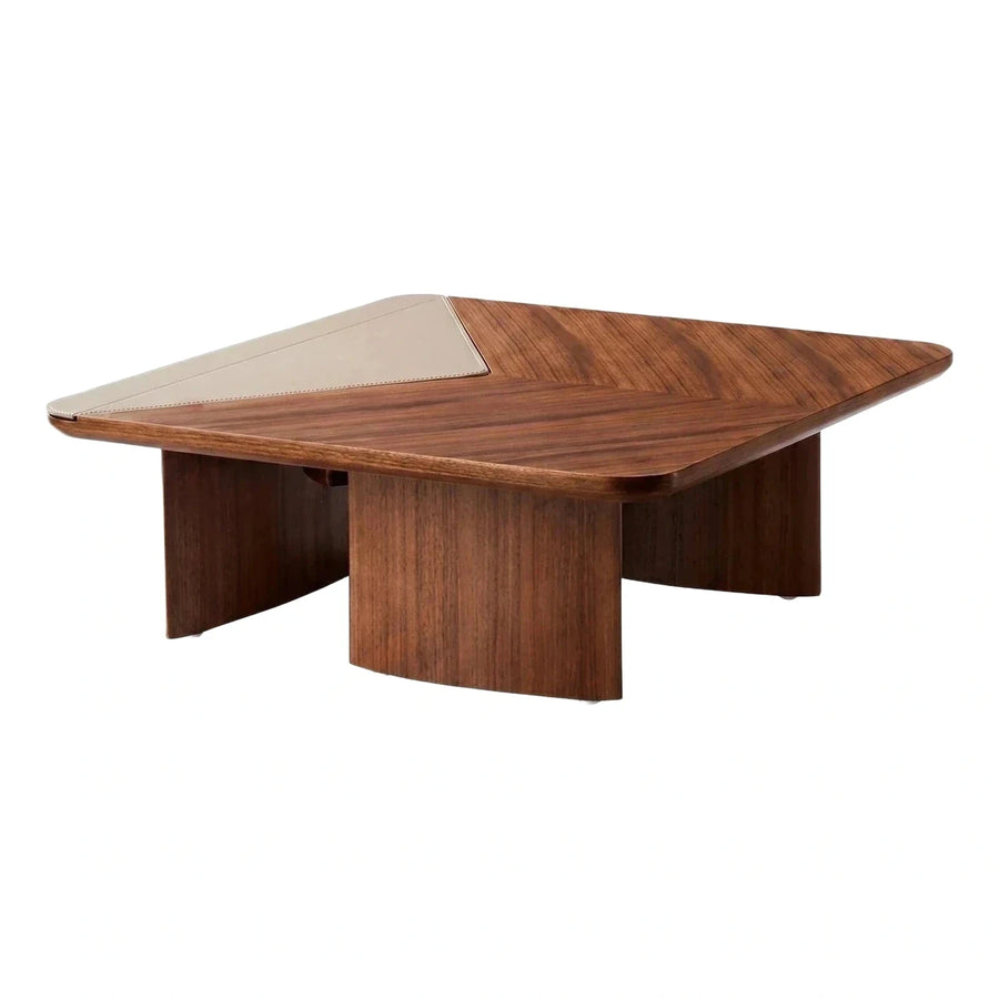 Modern Geometric Wood Coffee Table with Leather Inset