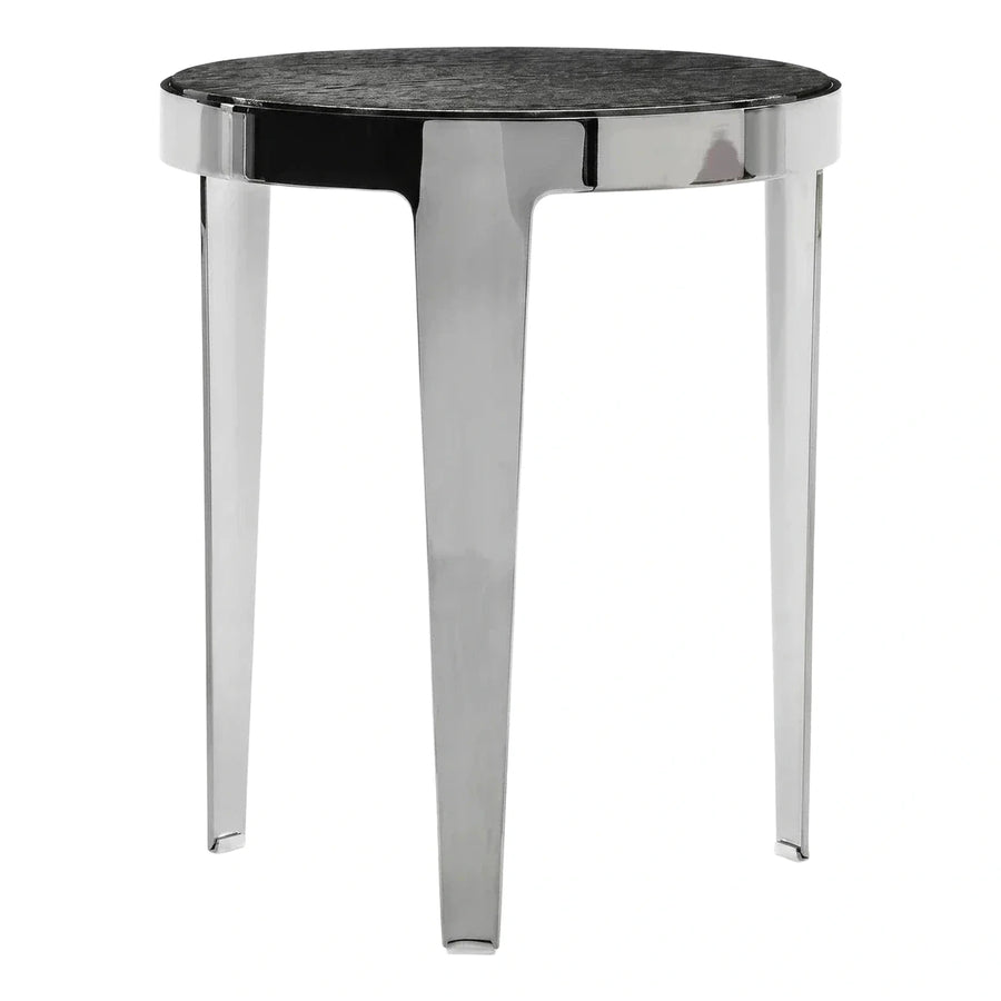 Round Black Stone Top Polished Chrome Side Table
