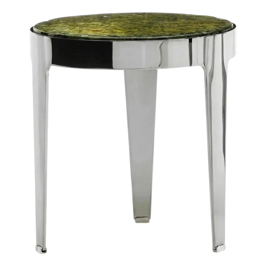 Round Green Marble Top Polished Chrome Side Table