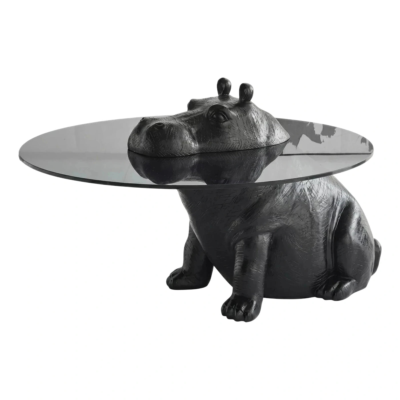 Sculptural Black Hippo Base Round Glass Coffee Table