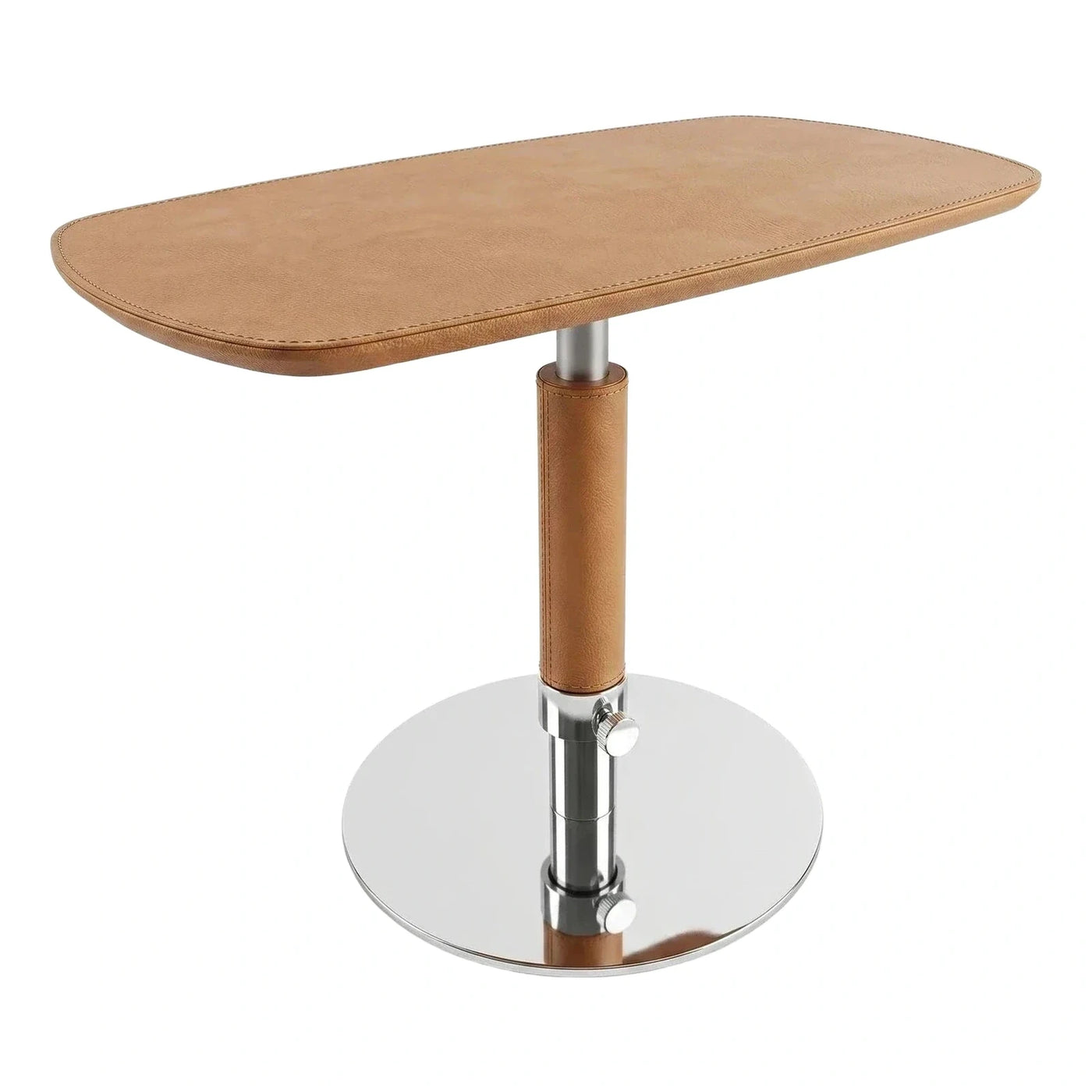 Adjustable Tan Leather Side Table Chrome Base