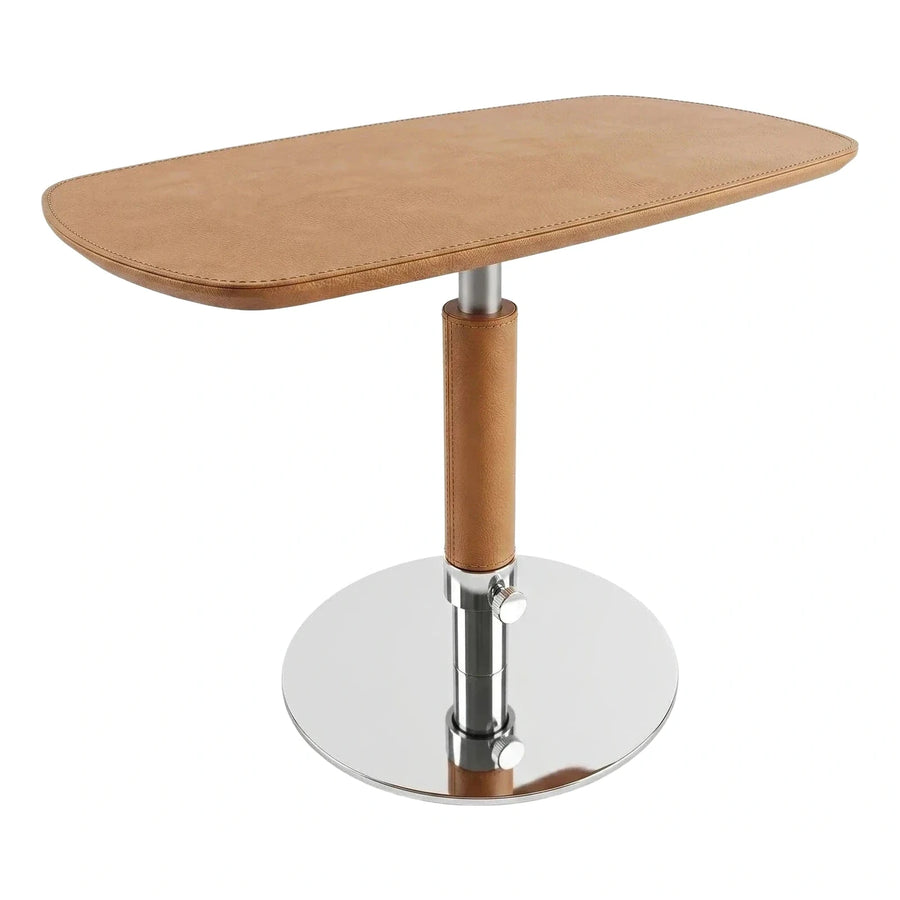 Adjustable Tan Leather Side Table Chrome Base